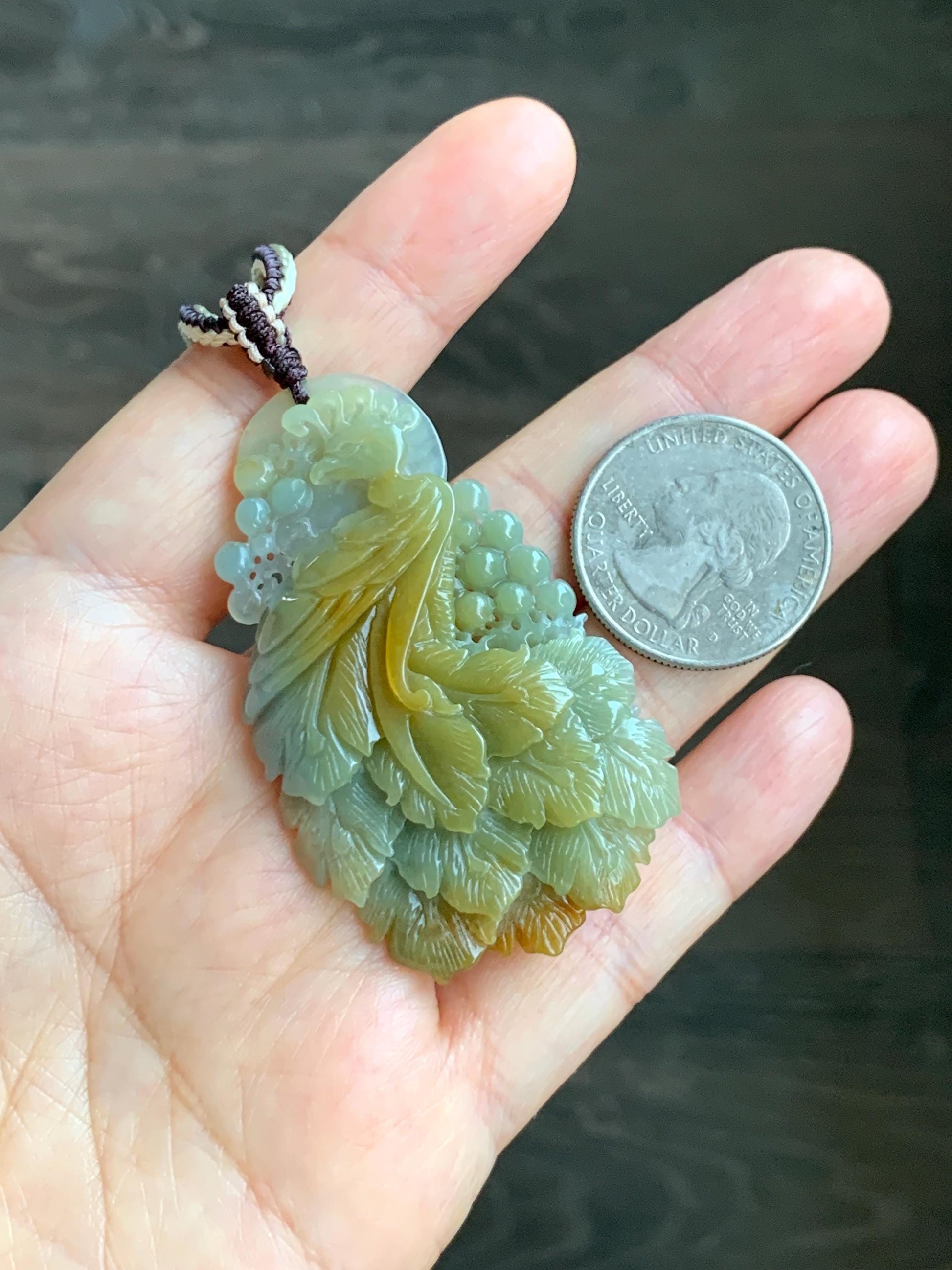 Certified Natural Grade A Icy Translucent Dusty Blue Yellow Bicolored Jadeite Carved Phoenix Pendant Rope Necklace 28” 天然冰危蓝加黄翡翠凤凰吊坠项链 487