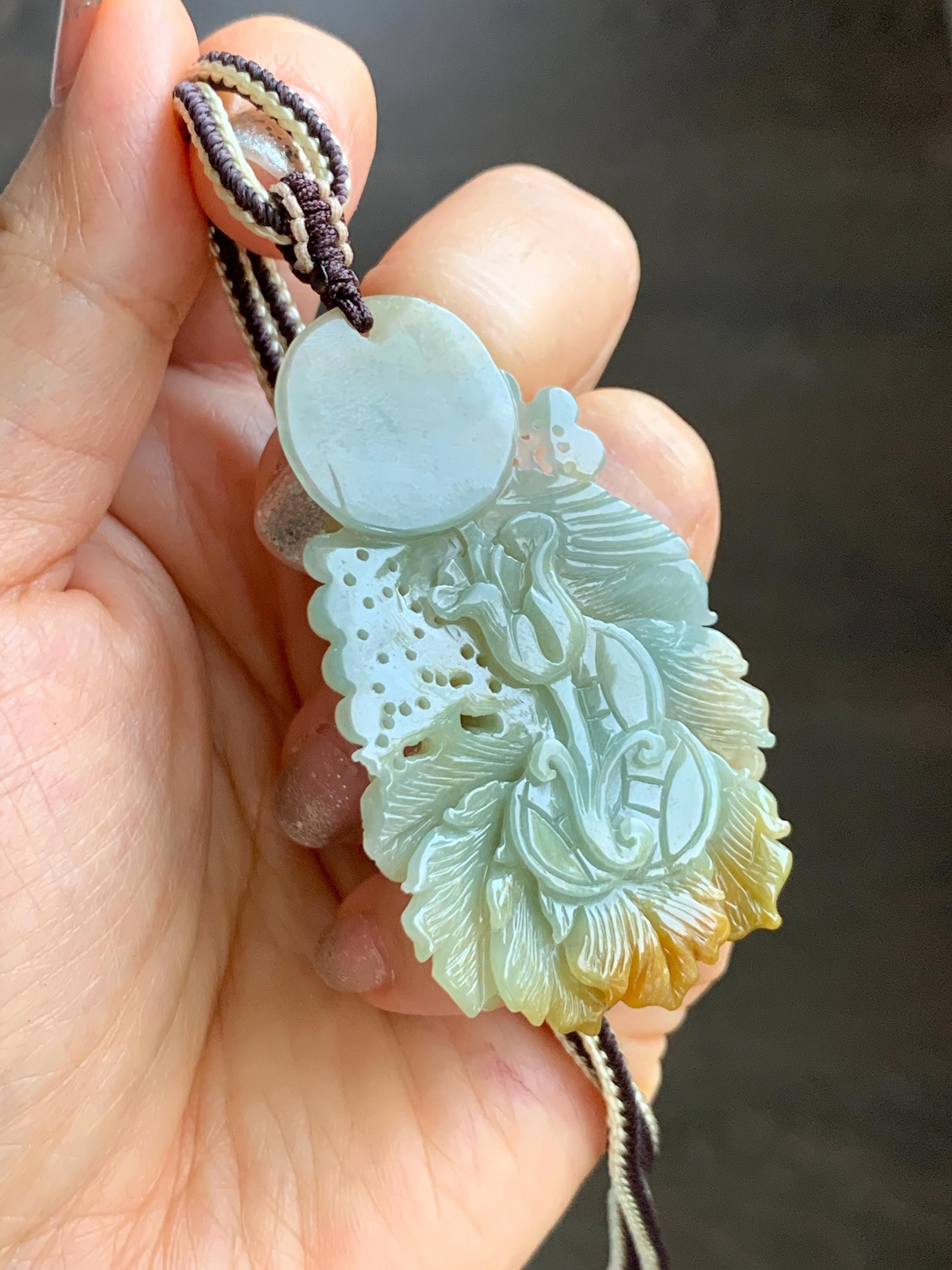 Certified Natural Grade A Icy Translucent Dusty Blue Yellow Bicolored Jadeite Carved Phoenix Pendant Rope Necklace 28” 天然冰危蓝加黄翡翠凤凰吊坠项链 487