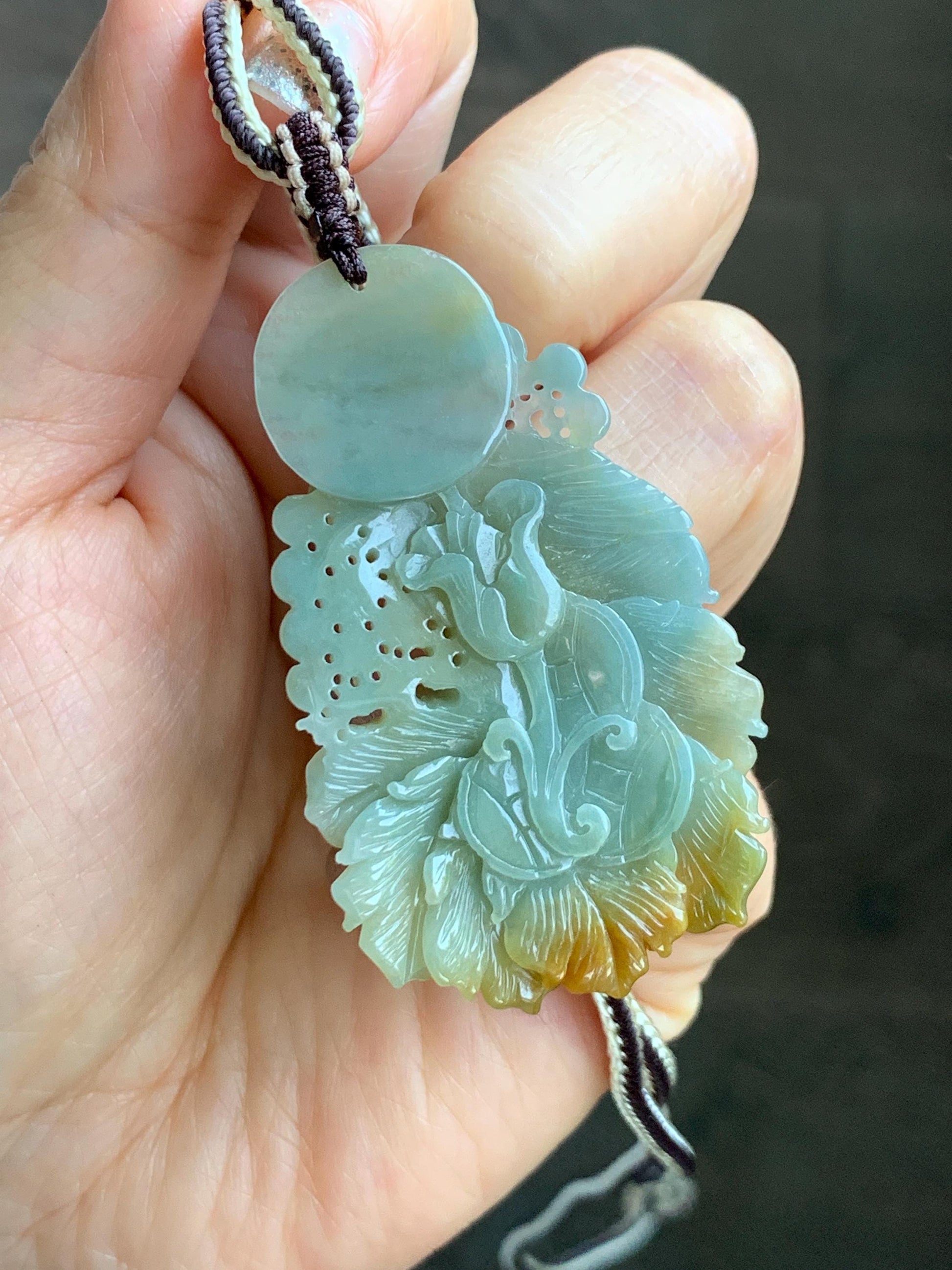 Certified Natural Grade A Icy Translucent Dusty Blue Yellow Bicolored Jadeite Carved Phoenix Pendant Rope Necklace 28” 天然冰危蓝加黄翡翠凤凰吊坠项链 487