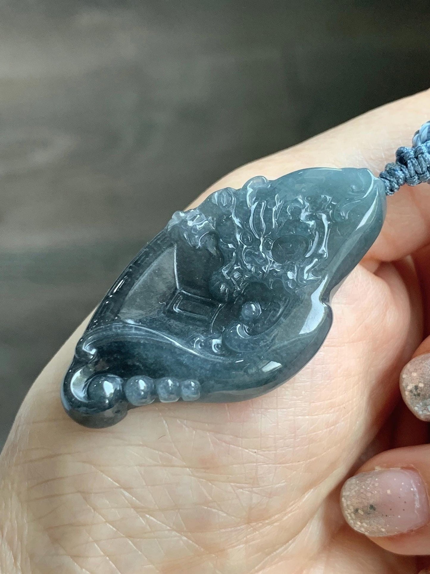 Natural Grade A Guatemalan Icy Translucent Dark Blue Wuji Jade Jadeite Carved Dragon Pendant Rope Necklace 28” 28g 天然冰危蓝乌鸡翡翠龙牌吊坠 WWL198
