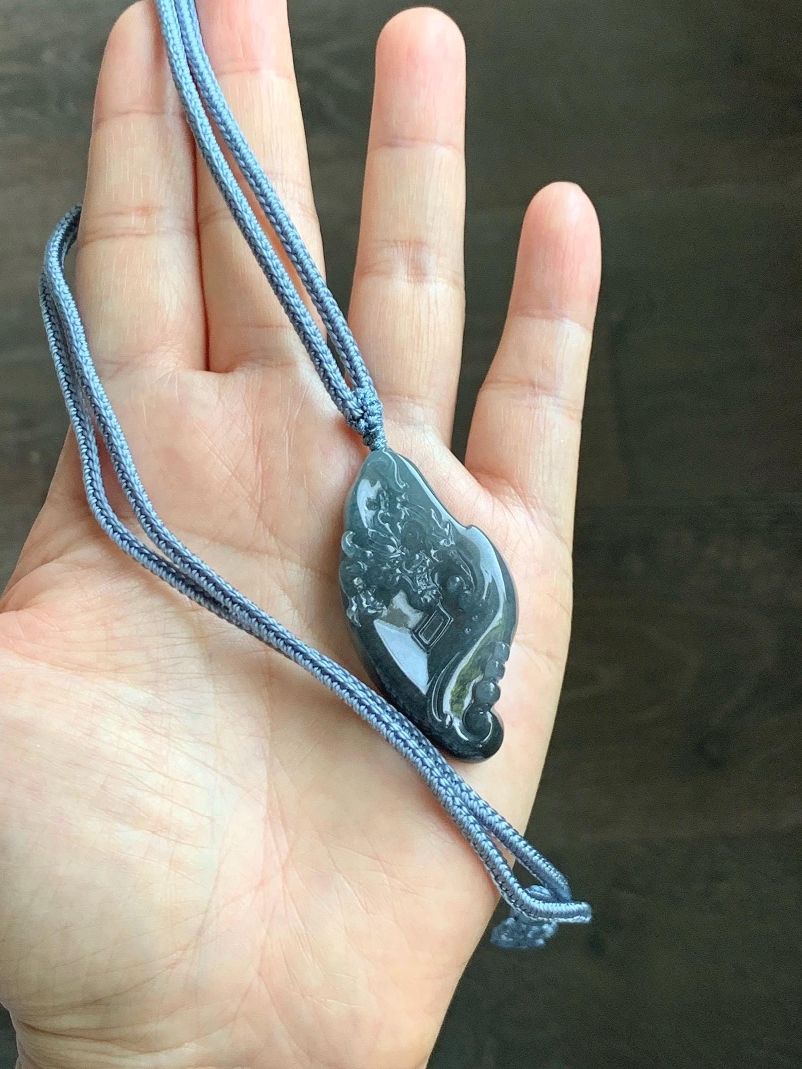 Natural Grade A Guatemalan Icy Translucent Dark Blue Wuji Jade Jadeite Carved Dragon Pendant Rope Necklace 28” 28g 天然冰危蓝乌鸡翡翠龙牌吊坠 WWL198