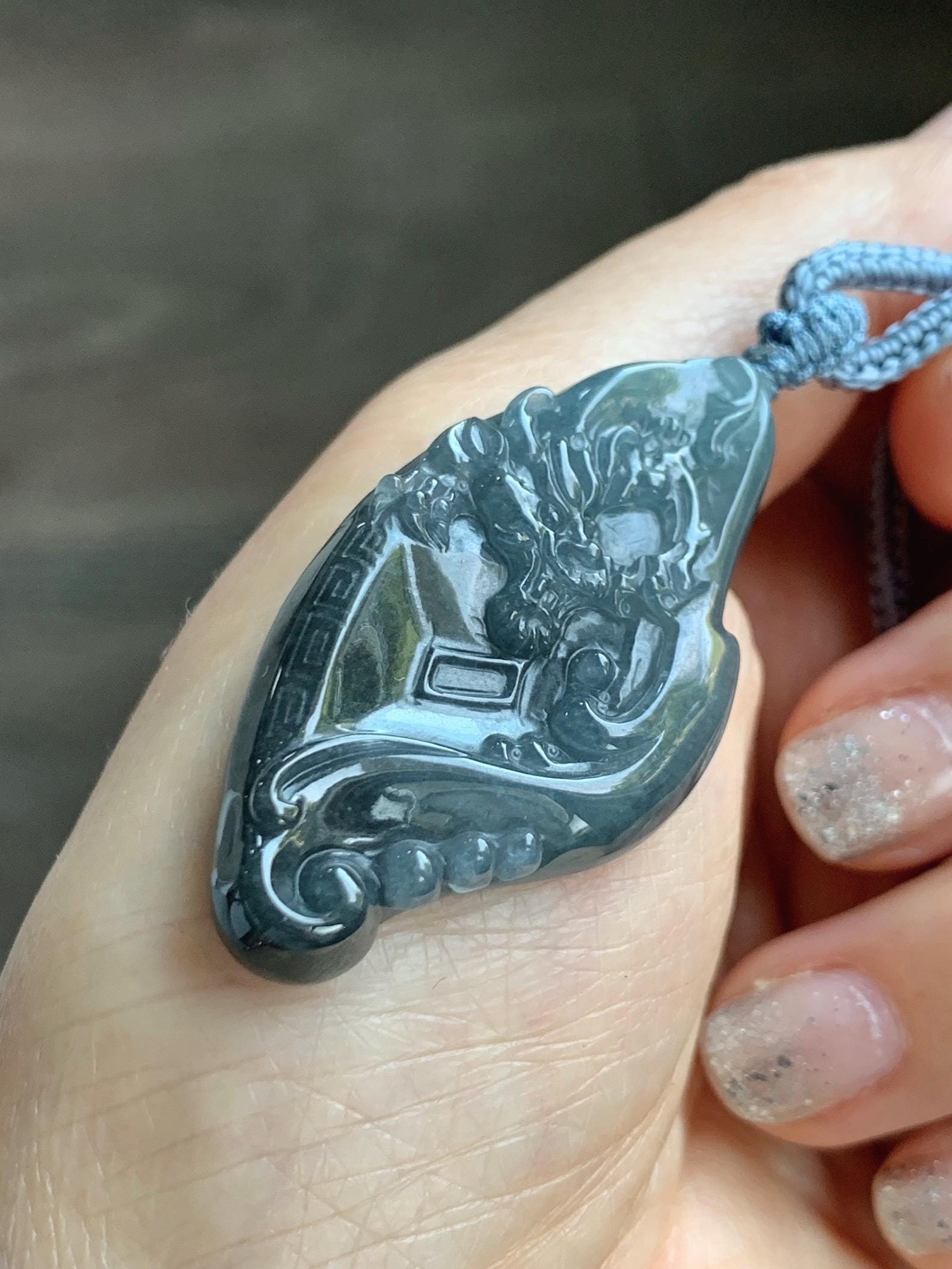 Natural Grade A Guatemalan Icy Translucent Dark Blue Wuji Jade Jadeite Carved Dragon Pendant Rope Necklace 28” 28g 天然冰危蓝乌鸡翡翠龙牌吊坠 WWL198