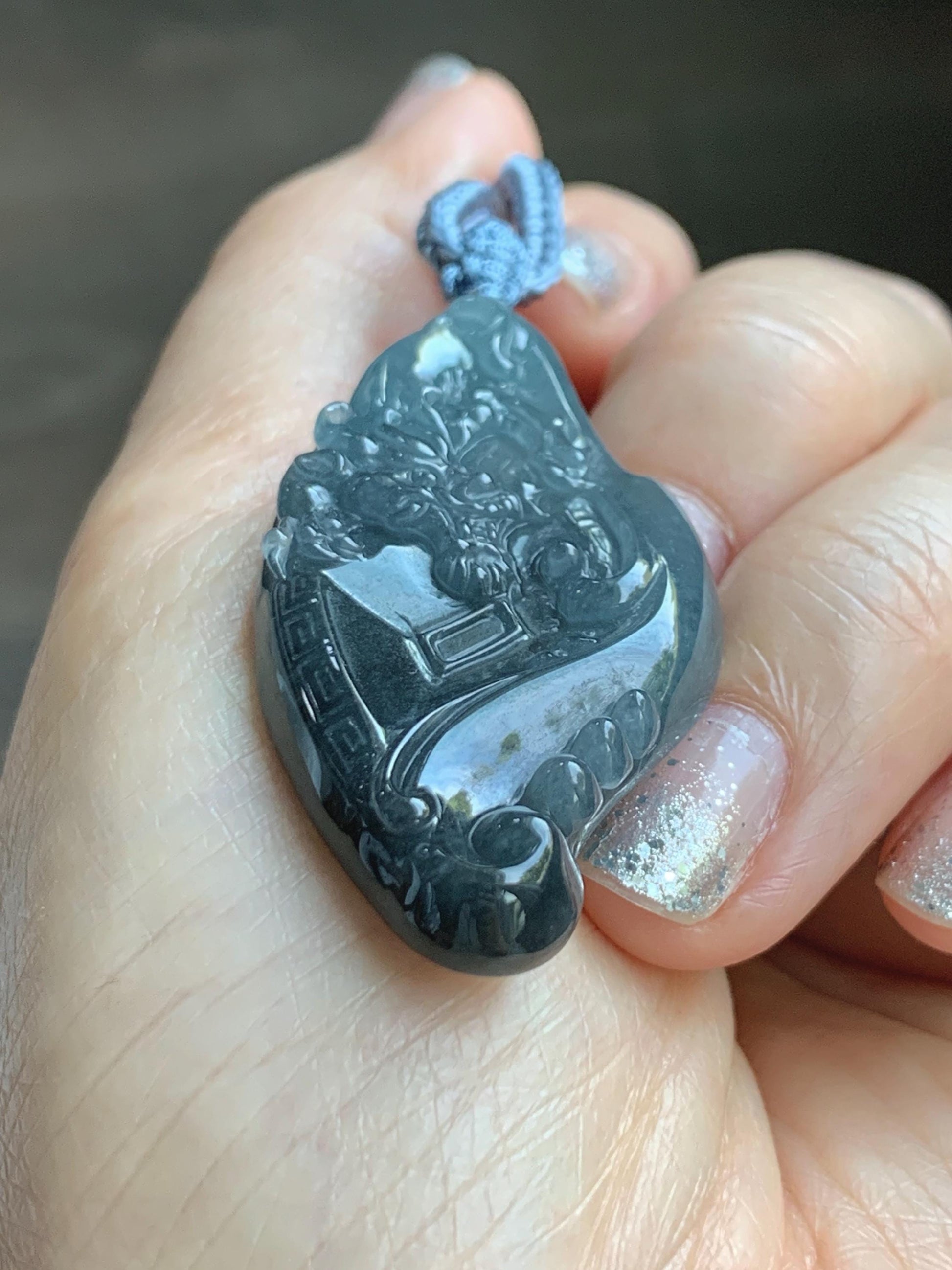 Natural Grade A Guatemalan Icy Translucent Dark Blue Wuji Jade Jadeite Carved Dragon Pendant Rope Necklace 28” 28g 天然冰危蓝乌鸡翡翠龙牌吊坠 WWL198