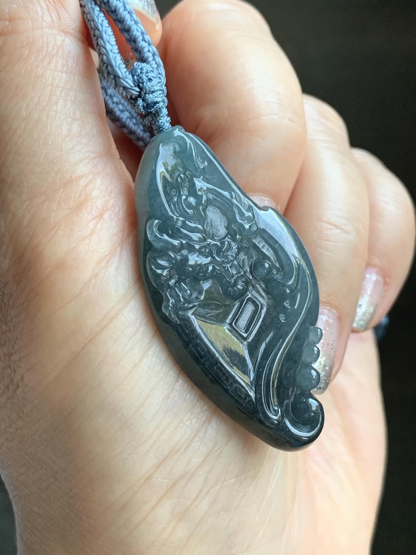 Natural Grade A Guatemalan Icy Translucent Dark Blue Wuji Jade Jadeite Carved Dragon Pendant Rope Necklace 28” 28g 天然冰危蓝乌鸡翡翠龙牌吊坠 WWL198