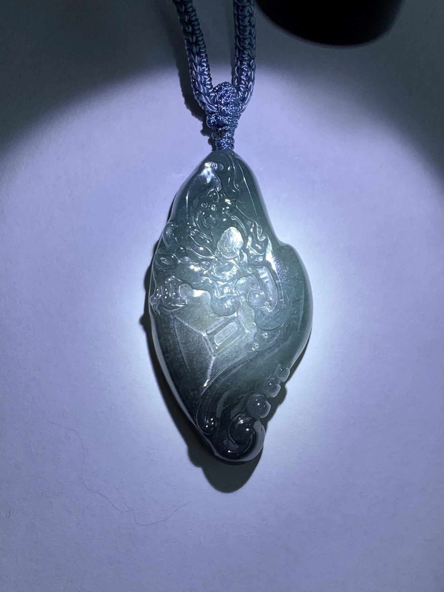 Natural Grade A Guatemalan Icy Translucent Dark Blue Wuji Jade Jadeite Carved Dragon Pendant Rope Necklace 28” 28g 天然冰危蓝乌鸡翡翠龙牌吊坠 WWL198