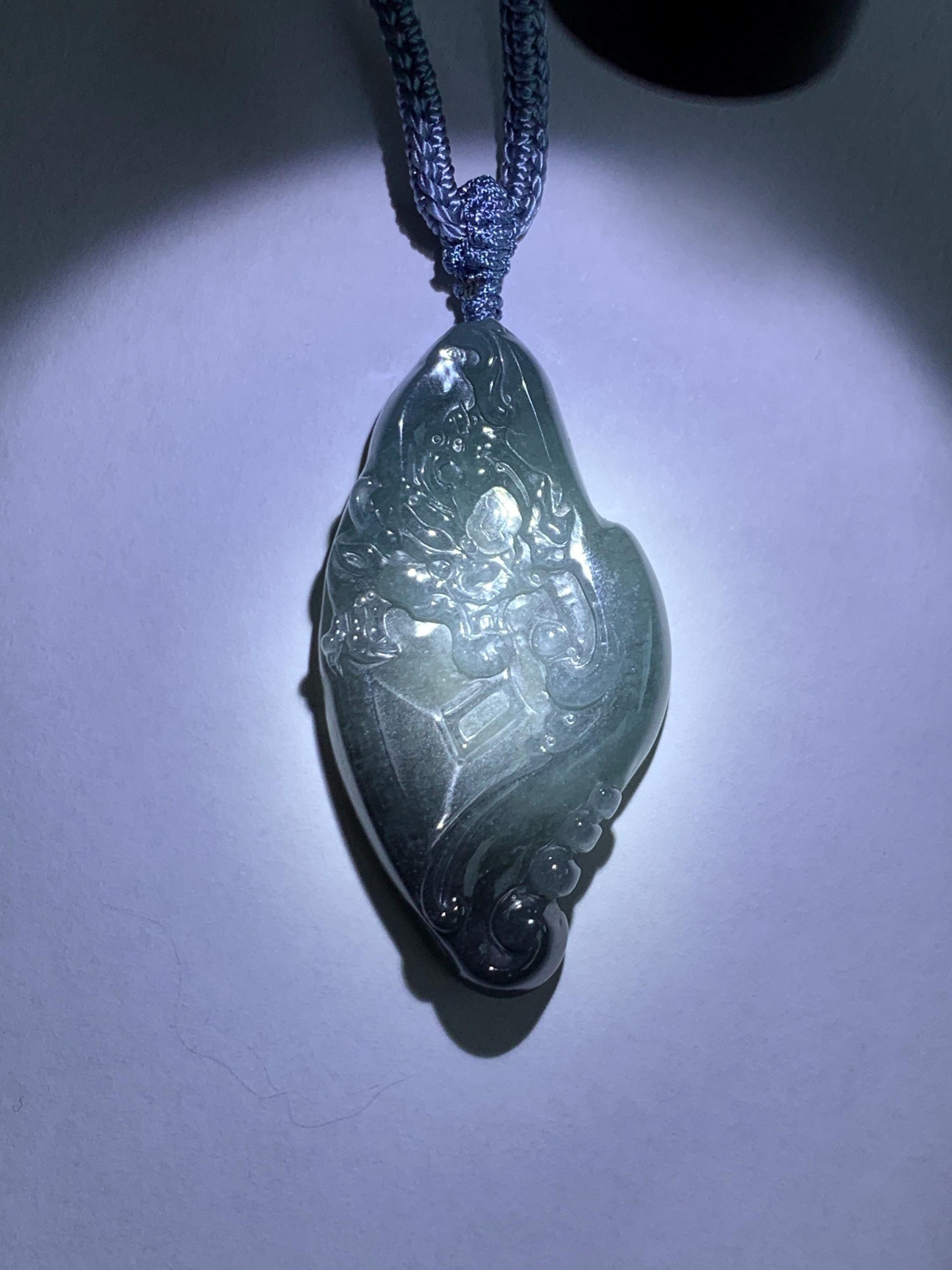 Natural Grade A Guatemalan Icy Translucent Dark Blue Wuji Jade Jadeite Carved Dragon Pendant Rope Necklace 28” 28g 天然冰危蓝乌鸡翡翠龙牌吊坠 WWL198
