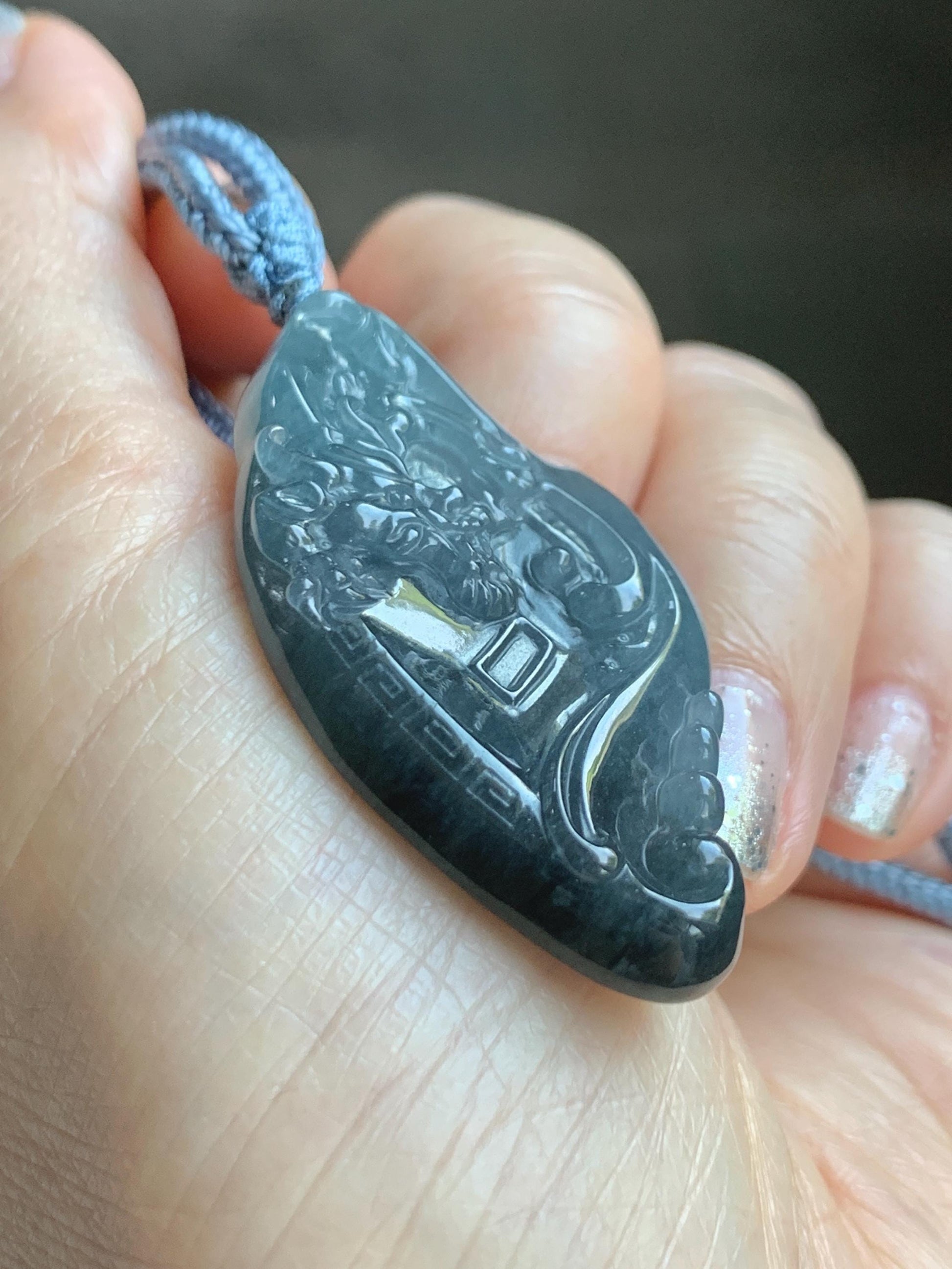 Natural Grade A Guatemalan Icy Translucent Dark Blue Wuji Jade Jadeite Carved Dragon Pendant Rope Necklace 28” 28g 天然冰危蓝乌鸡翡翠龙牌吊坠 WWL198