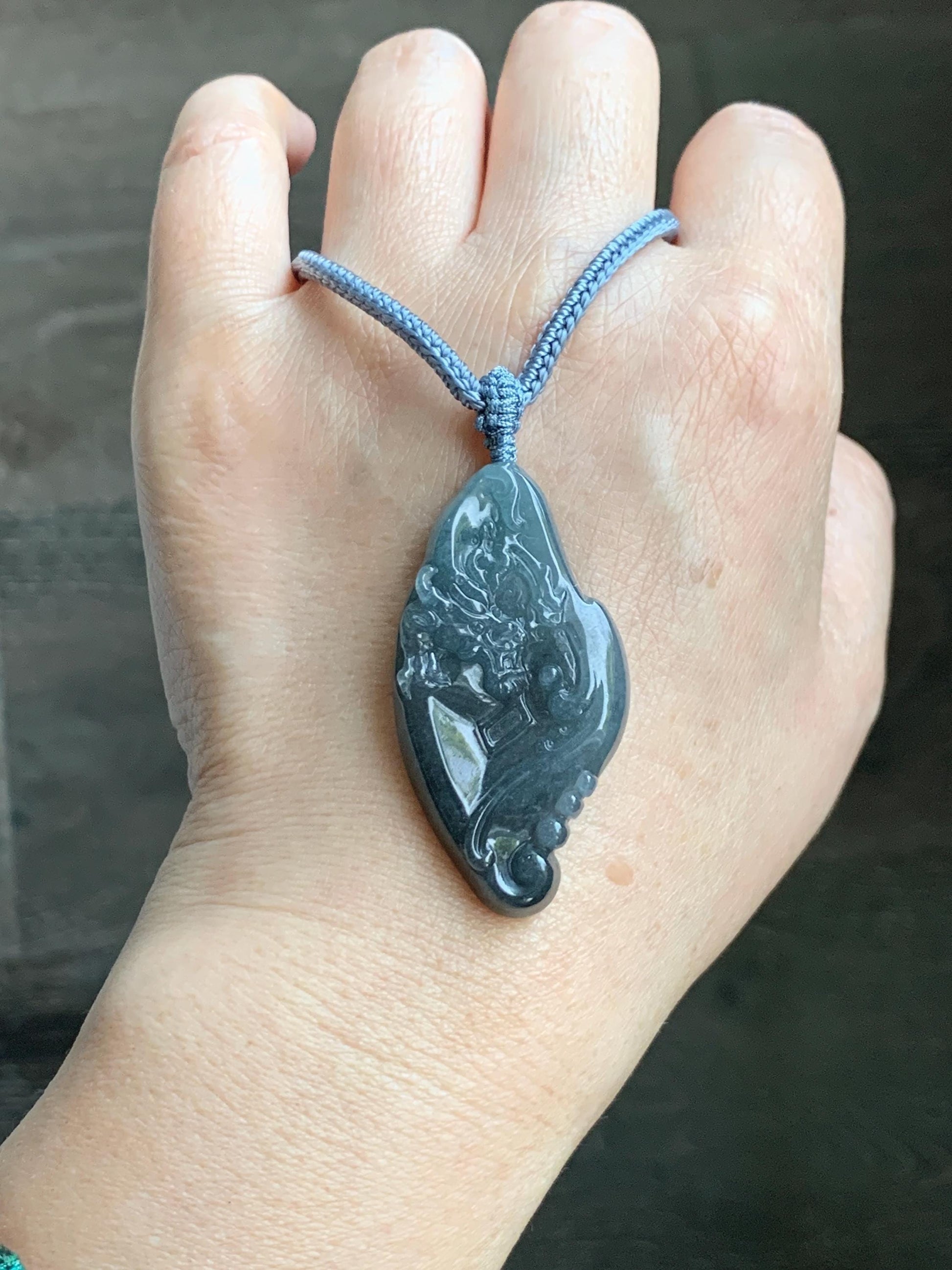 Natural Grade A Guatemalan Icy Translucent Dark Blue Wuji Jade Jadeite Carved Dragon Pendant Rope Necklace 28” 28g 天然冰危蓝乌鸡翡翠龙牌吊坠 WWL198