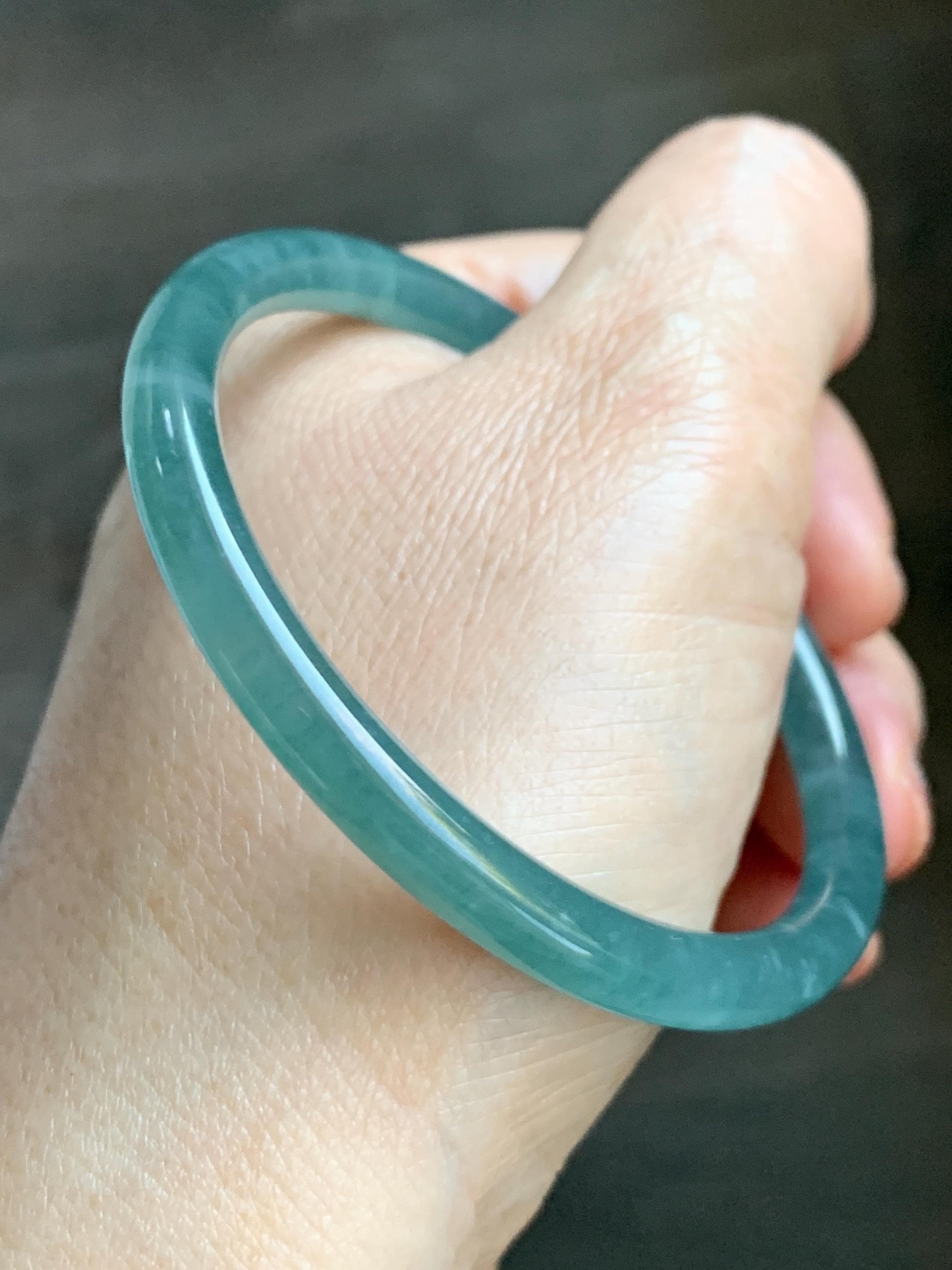 Certified Natural Grade A Guatemalan Icy Translucent Dusty Teal Green Jade Jadeite Slim Bangle Bracelet 55.34mm 6.84” 天然冰危晴蓝翡翠细圆条手镯 449