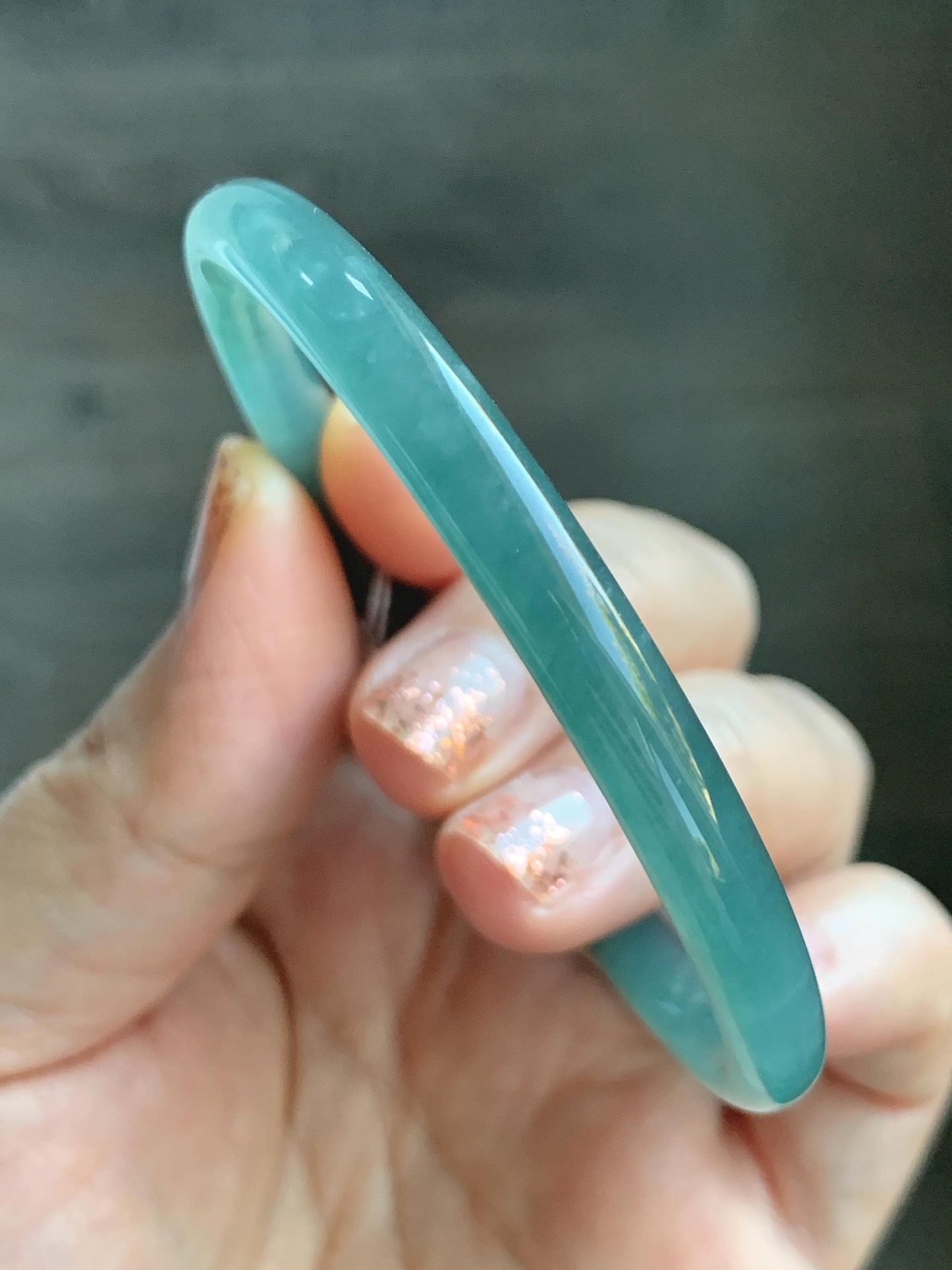 Certified Natural Grade A Guatemalan Icy Translucent Dusty Teal Green Jade Jadeite Slim Bangle Bracelet 55.34mm 6.84” 天然冰危晴蓝翡翠细圆条手镯 449