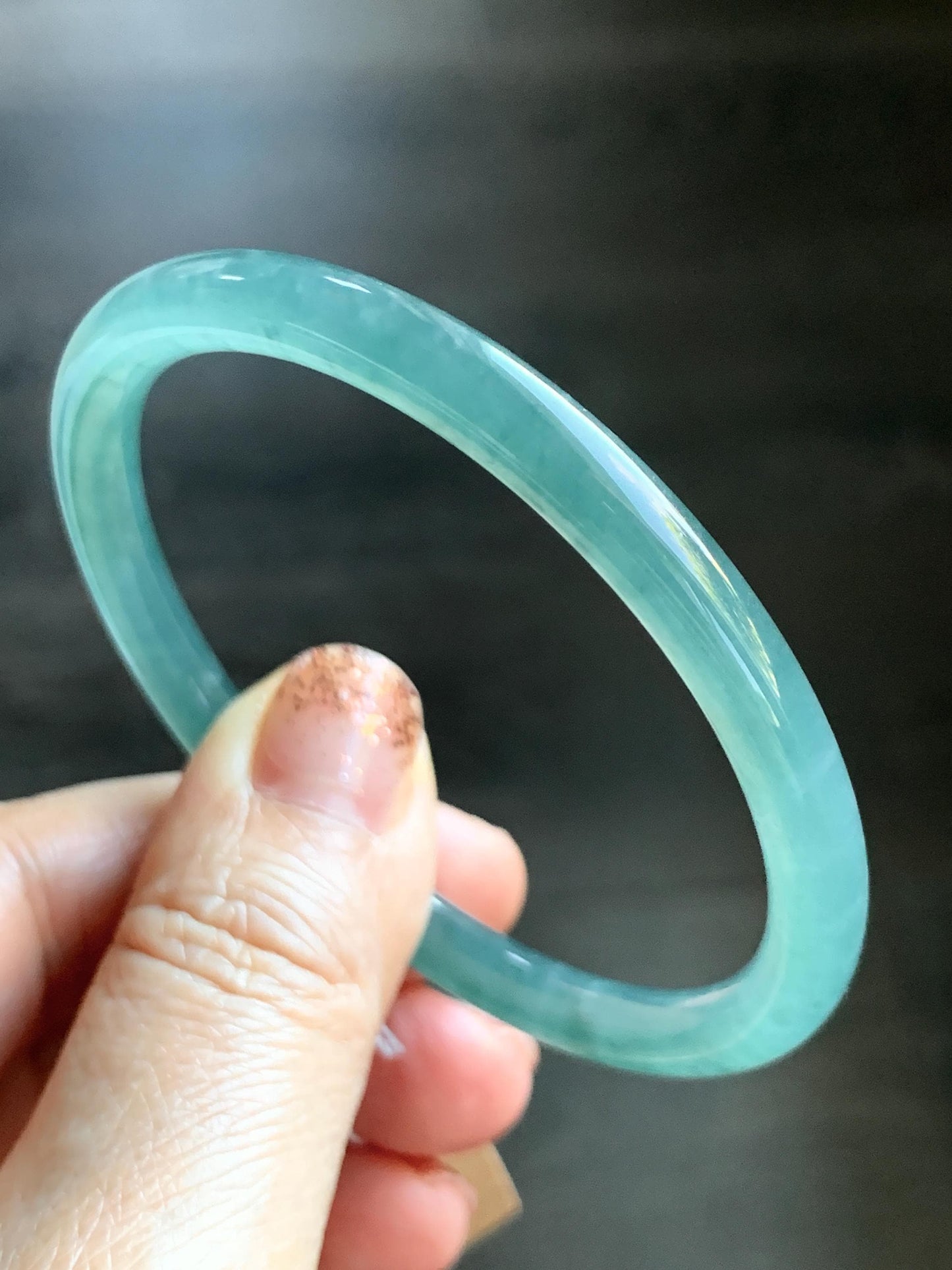 Certified Natural Grade A Guatemalan Icy Translucent Dusty Teal Green Jade Jadeite Slim Bangle Bracelet 55.34mm 6.84” 天然冰危晴蓝翡翠细圆条手镯 449