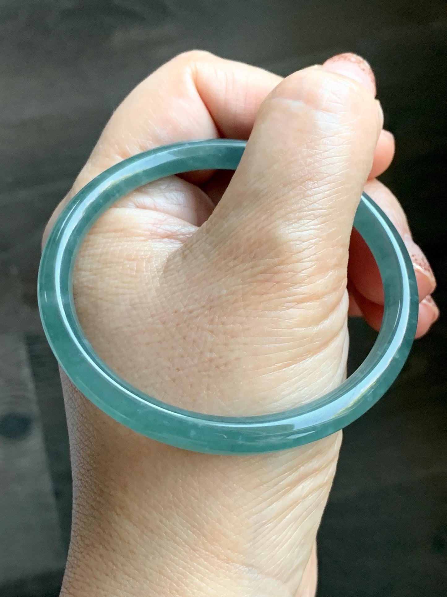 Certified Natural Grade A Guatemalan Icy Translucent Dusty Teal Green Jade Jadeite Slim Bangle Bracelet 55.34mm 6.84” 天然冰危晴蓝翡翠细圆条手镯 449