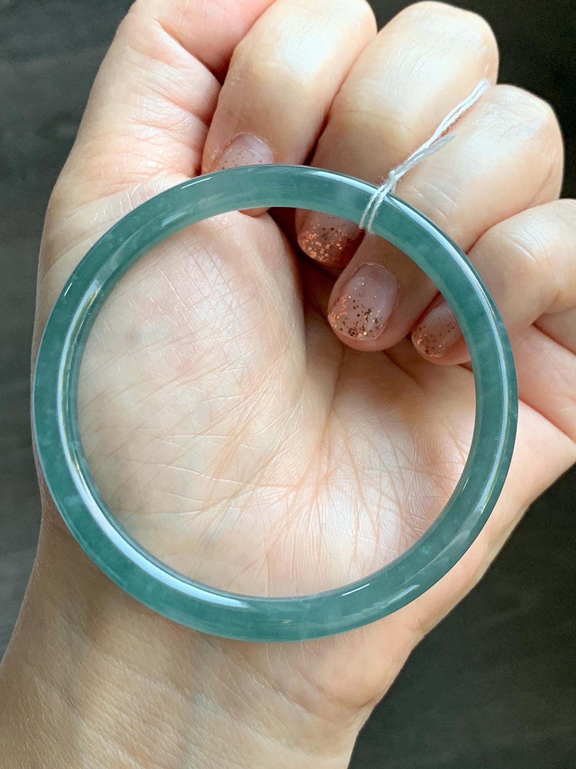 Certified Natural Grade A Guatemalan Icy Translucent Dusty Teal Green Jade Jadeite Slim Bangle Bracelet 55.34mm 6.84” 天然冰危晴蓝翡翠细圆条手镯 449