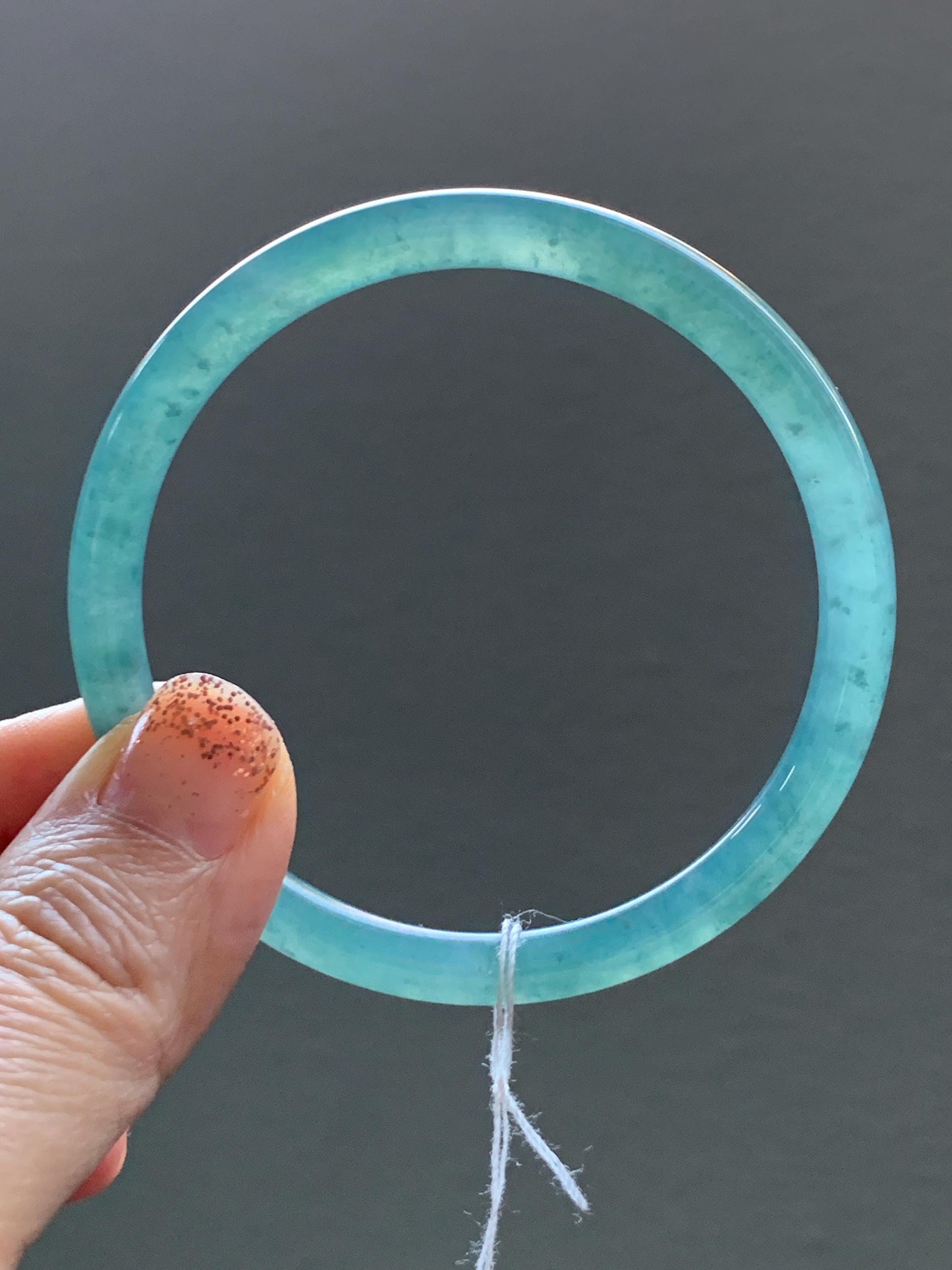 Certified Natural Grade A Guatemalan Icy Translucent Dusty Teal Green Jade Jadeite Slim Bangle Bracelet 55.34mm 6.84” 天然冰危晴蓝翡翠细圆条手镯 449
