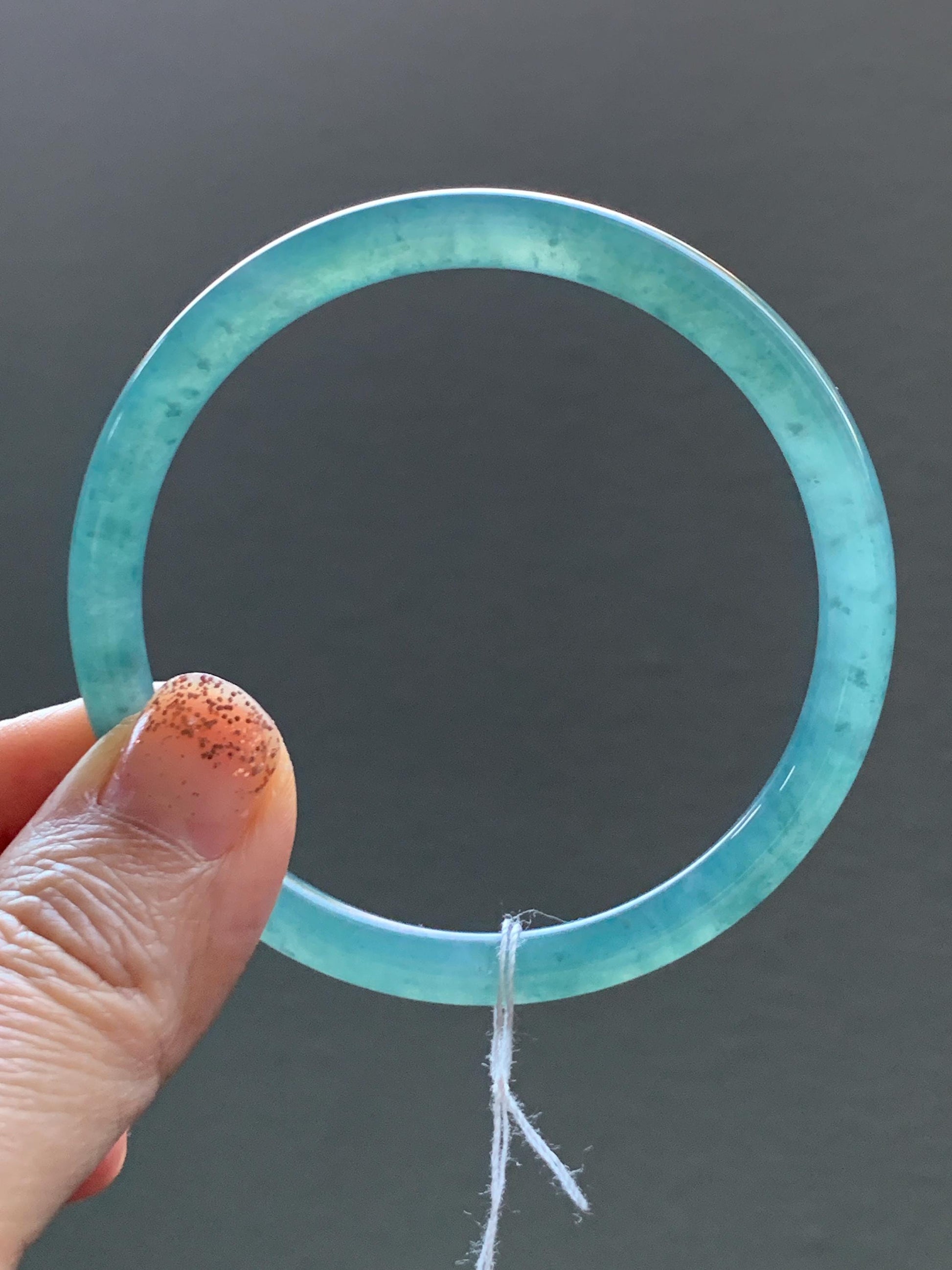 Certified Natural Grade A Guatemalan Icy Translucent Dusty Teal Green Jade Jadeite Slim Bangle Bracelet 55.34mm 6.84” 天然冰危晴蓝翡翠细圆条手镯 449