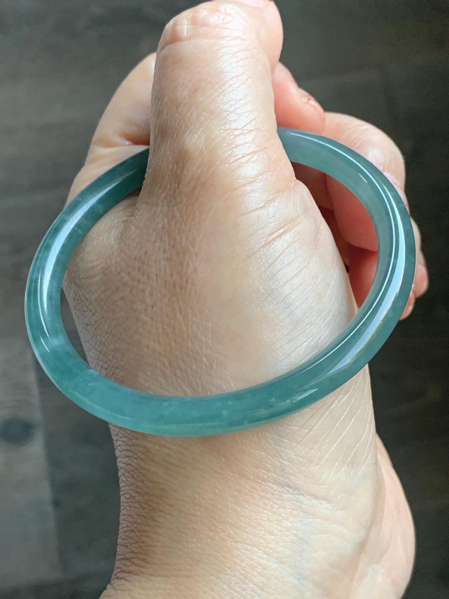 Certified Natural Grade A Guatemalan Icy Translucent Dusty Teal Green Jade Jadeite Slim Bangle Bracelet 55.34mm 6.84” 天然冰危晴蓝翡翠细圆条手镯 449