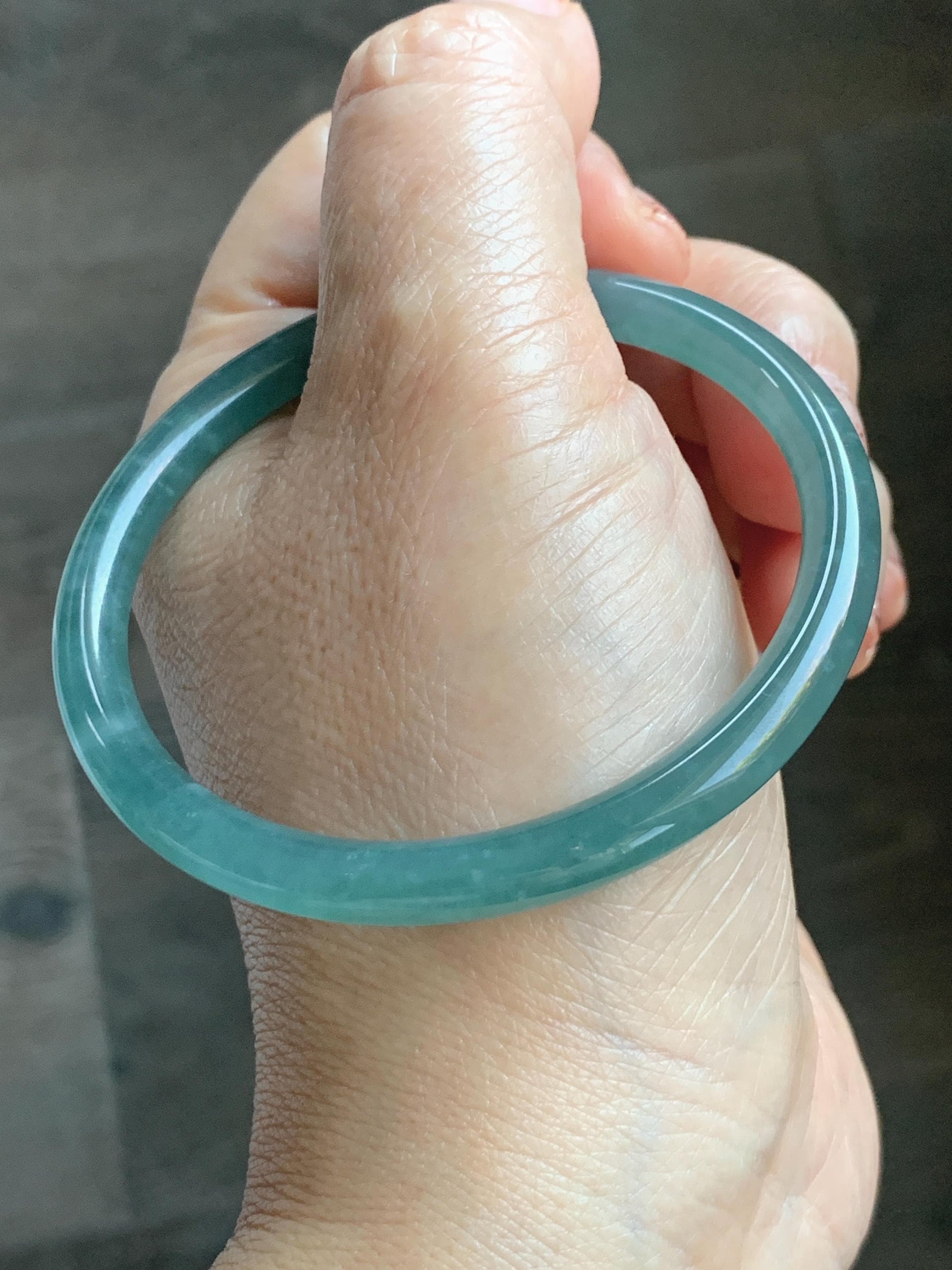 Certified Natural Grade A Guatemalan Icy Translucent Dusty Teal Green Jade Jadeite Slim Bangle Bracelet 55.34mm 6.84” 天然冰危晴蓝翡翠细圆条手镯 449