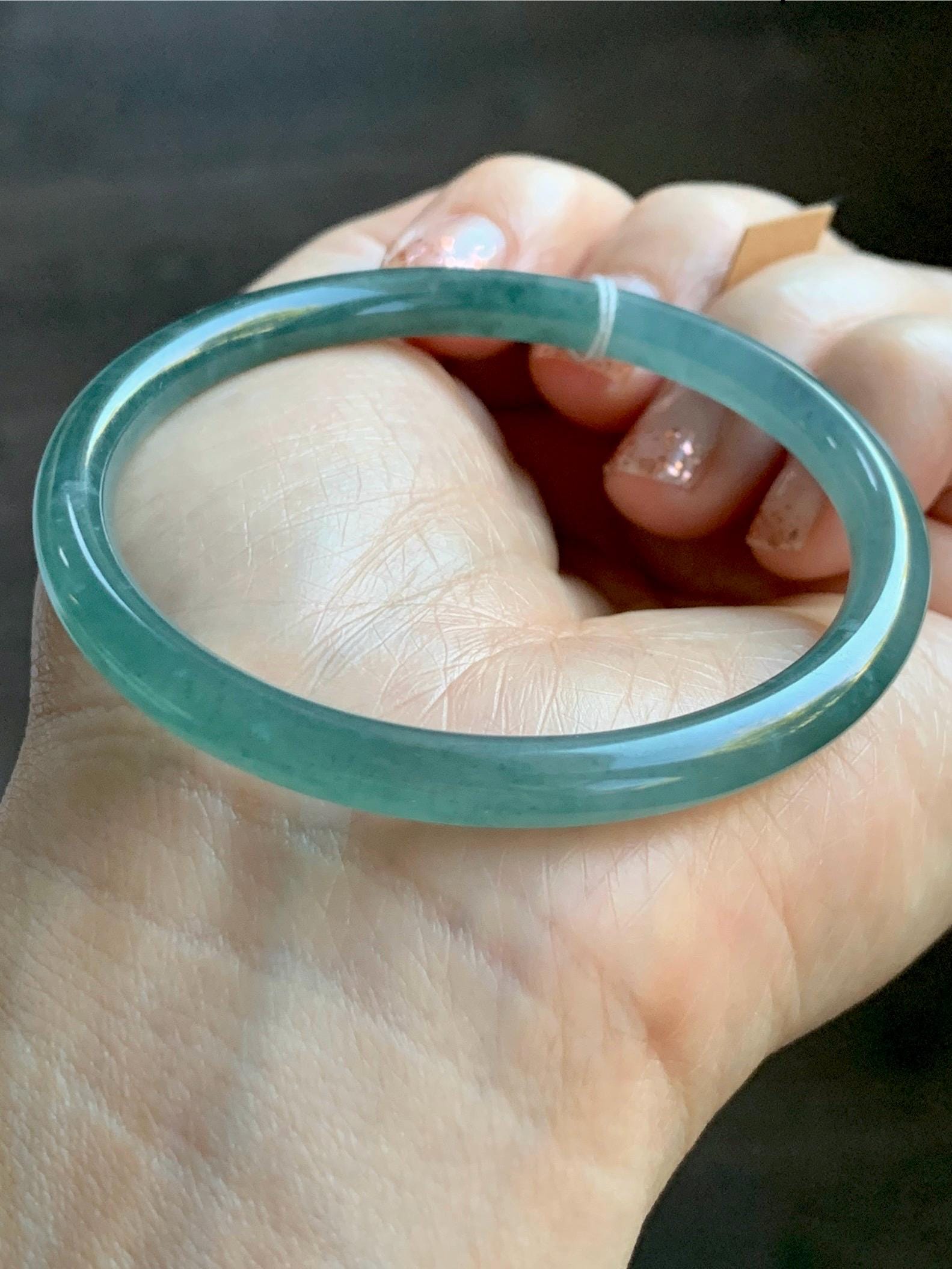 Certified Natural Grade A Guatemalan Icy Translucent Dusty Teal Blue Jade Jadeite Slim Bangle Bracelet 54.93mm 6.79” 天然冰危晴蓝翡翠细圆条手镯 473