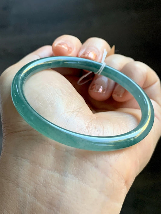 Certified Natural Grade A Guatemalan Icy Translucent Dusty Teal Blue Jade Jadeite Slim Bangle Bracelet 54.93mm 6.79” 天然冰危晴蓝翡翠细圆条手镯 473