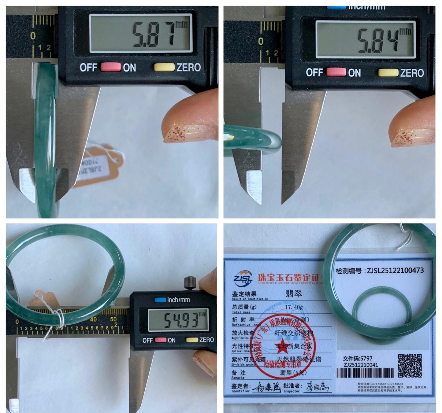 Certified Natural Grade A Guatemalan Icy Translucent Dusty Teal Blue Jade Jadeite Slim Bangle Bracelet 54.93mm 6.79” 天然冰危晴蓝翡翠细圆条手镯 473
