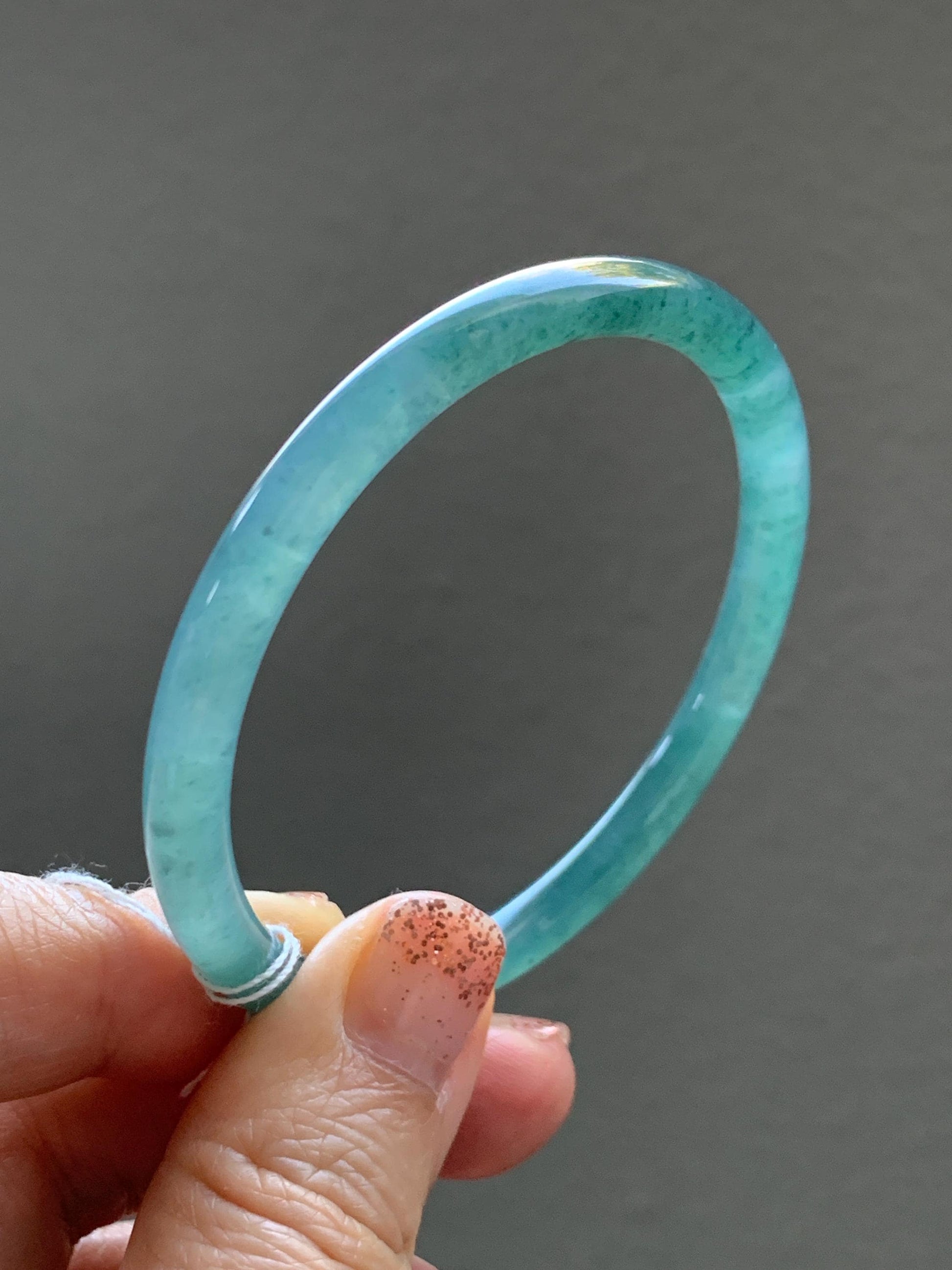 Certified Natural Grade A Guatemalan Icy Translucent Dusty Teal Blue Jade Jadeite Slim Bangle Bracelet 54.93mm 6.79” 天然冰危晴蓝翡翠细圆条手镯 473