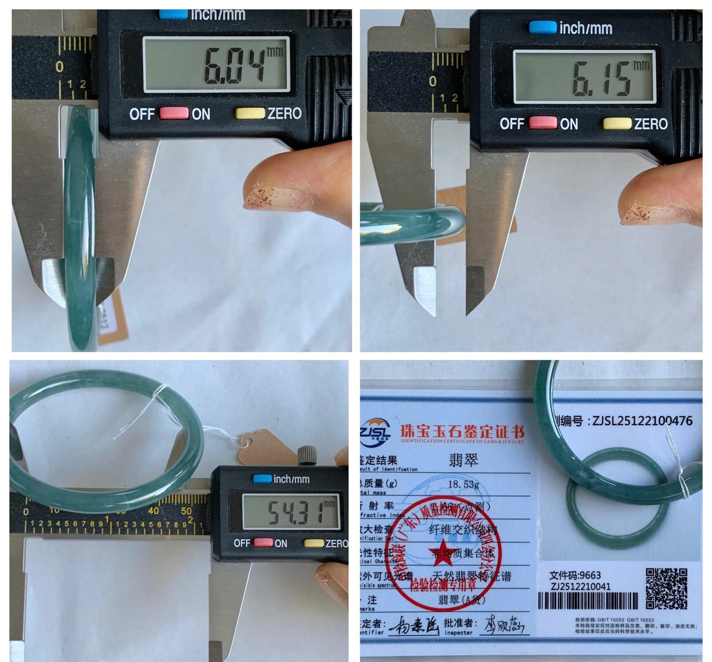 Certified Natural Grade A Guatemalan Icy Translucent Dusty Teal Blue Jade Jadeite Slim Bangle Bracelet 54.3mm 6.7” 天然冰危晴蓝翡翠细圆条手镯 476