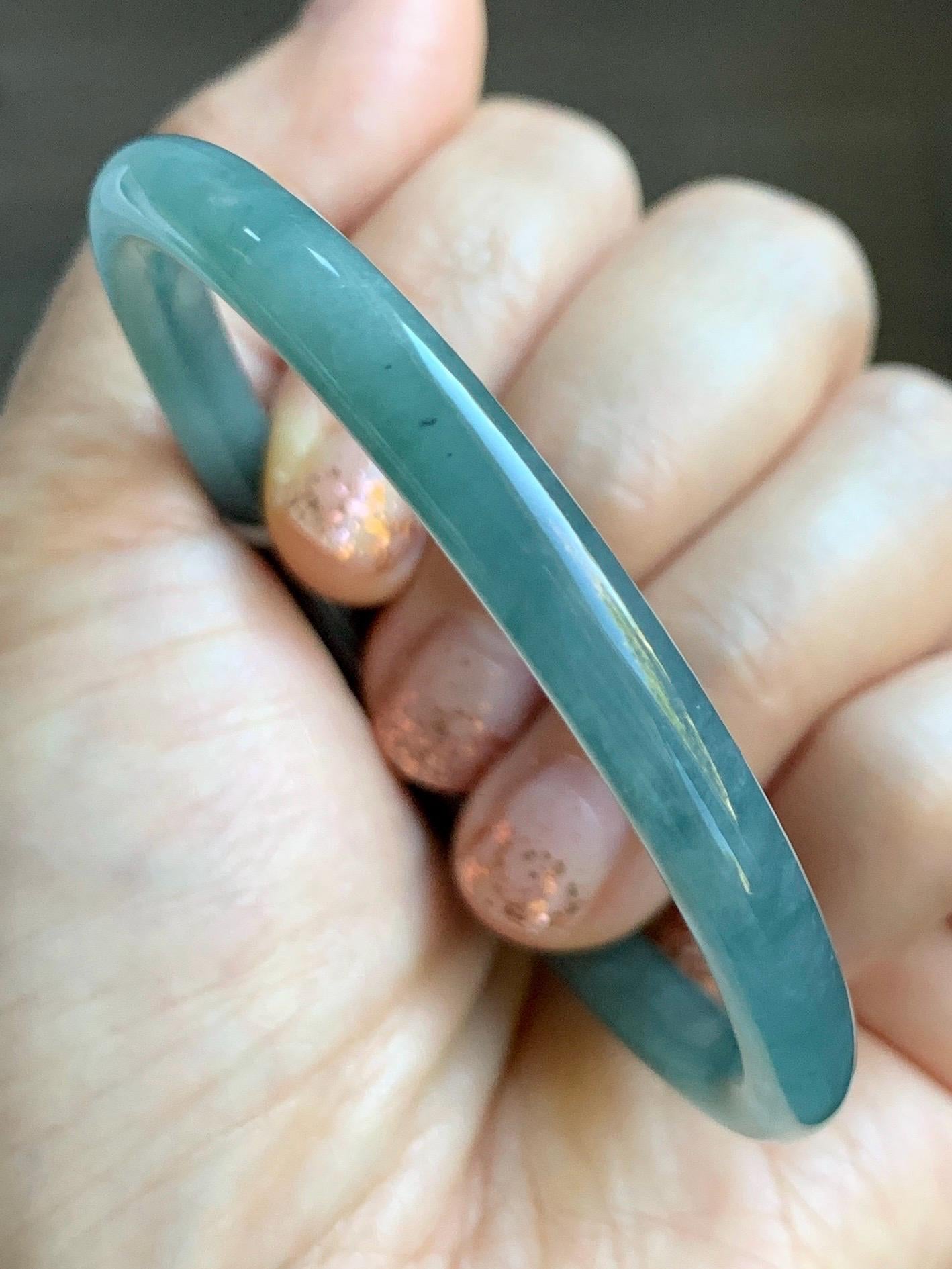 Certified Natural Grade A Guatemalan Icy Translucent Dusty Teal Blue Jade Jadeite Slim Bangle Bracelet 54.3mm 6.7” 天然冰危晴蓝翡翠细圆条手镯 476