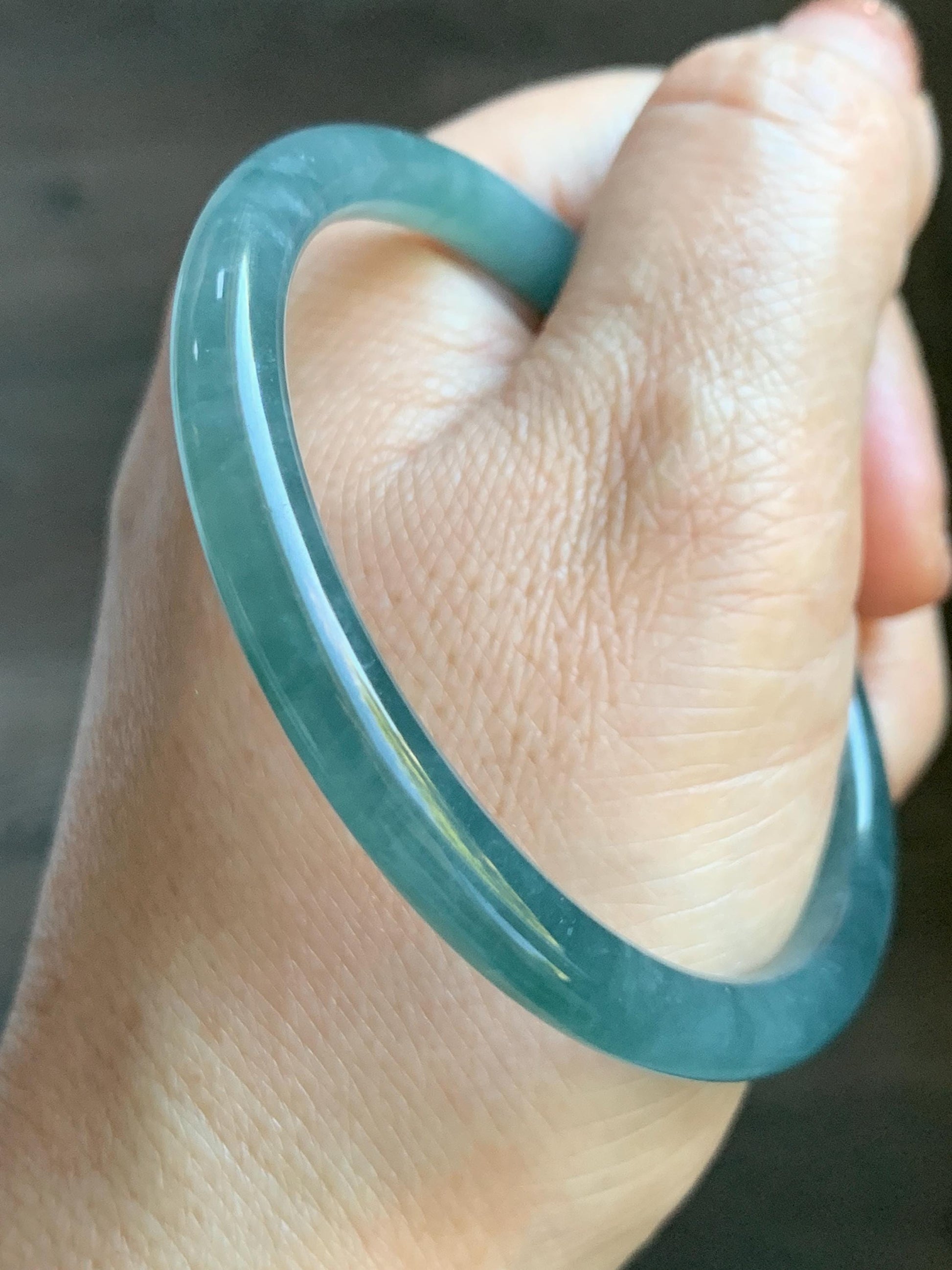 Certified Natural Grade A Guatemalan Icy Translucent Dusty Teal Blue Jade Jadeite Slim Bangle Bracelet 54.3mm 6.7” 天然冰危晴蓝翡翠细圆条手镯 476