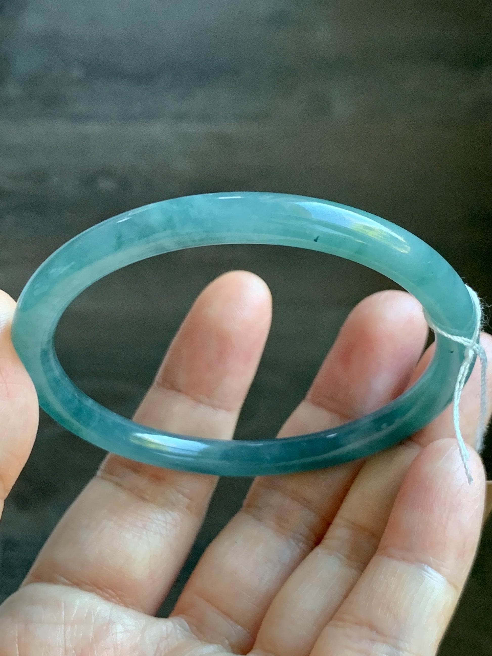 Certified Natural Grade A Guatemalan Icy Translucent Dusty Teal Blue Jade Jadeite Slim Bangle Bracelet 54.3mm 6.7” 天然冰危晴蓝翡翠细圆条手镯 476