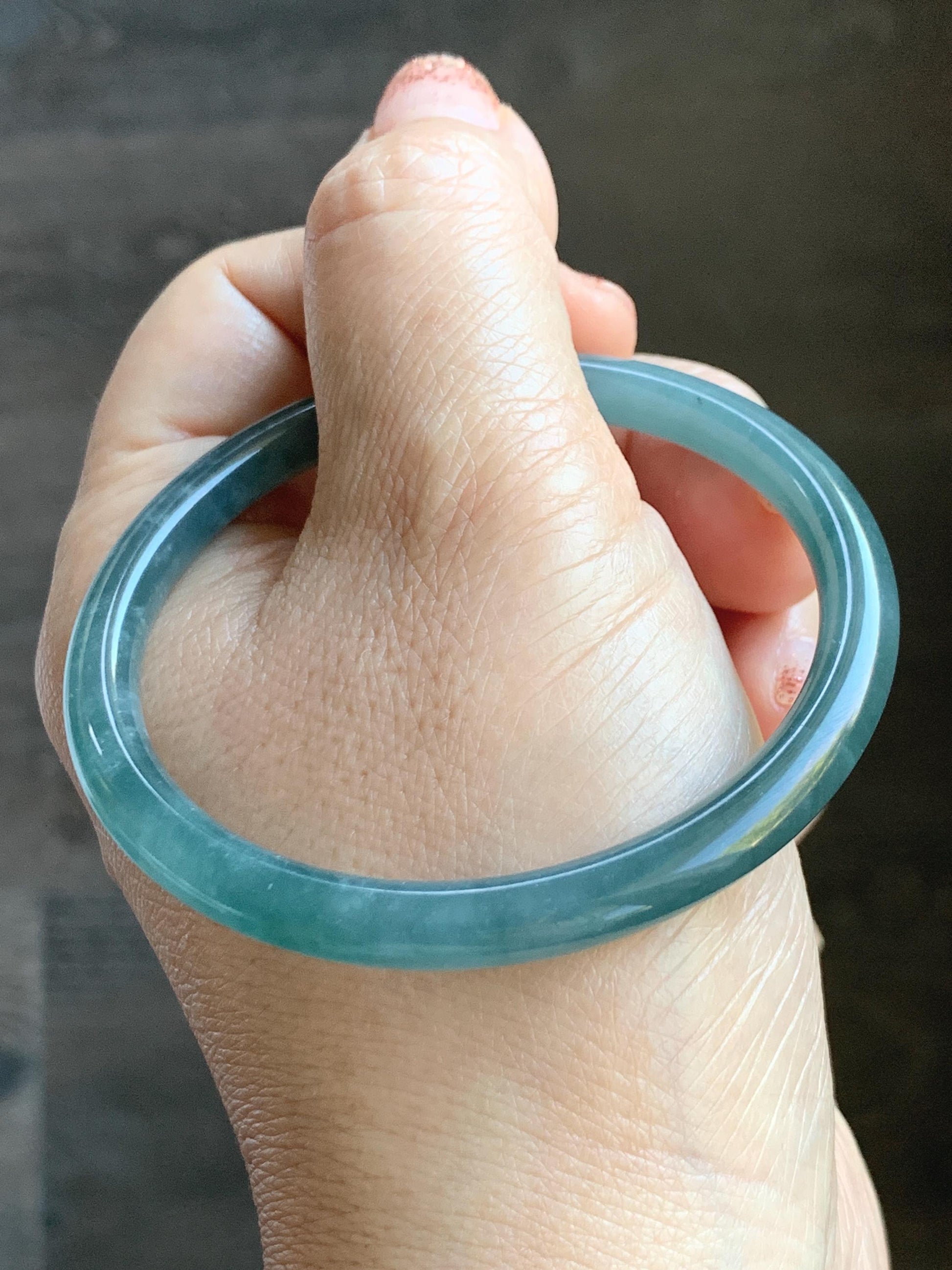 Certified Natural Grade A Guatemalan Icy Translucent Dusty Teal Blue Jade Jadeite Slim Bangle Bracelet 54.3mm 6.7” 天然冰危晴蓝翡翠细圆条手镯 476