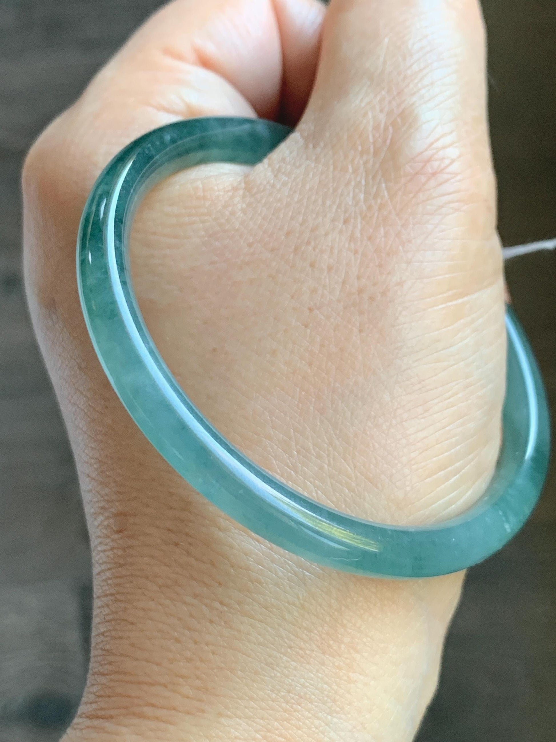 Certified Natural Grade A Guatemalan Icy Translucent Dusty Teal Blue Jade Jadeite Slim Bangle Bracelet 54.93mm 6.79” 天然冰危晴蓝翡翠细圆条手镯 477