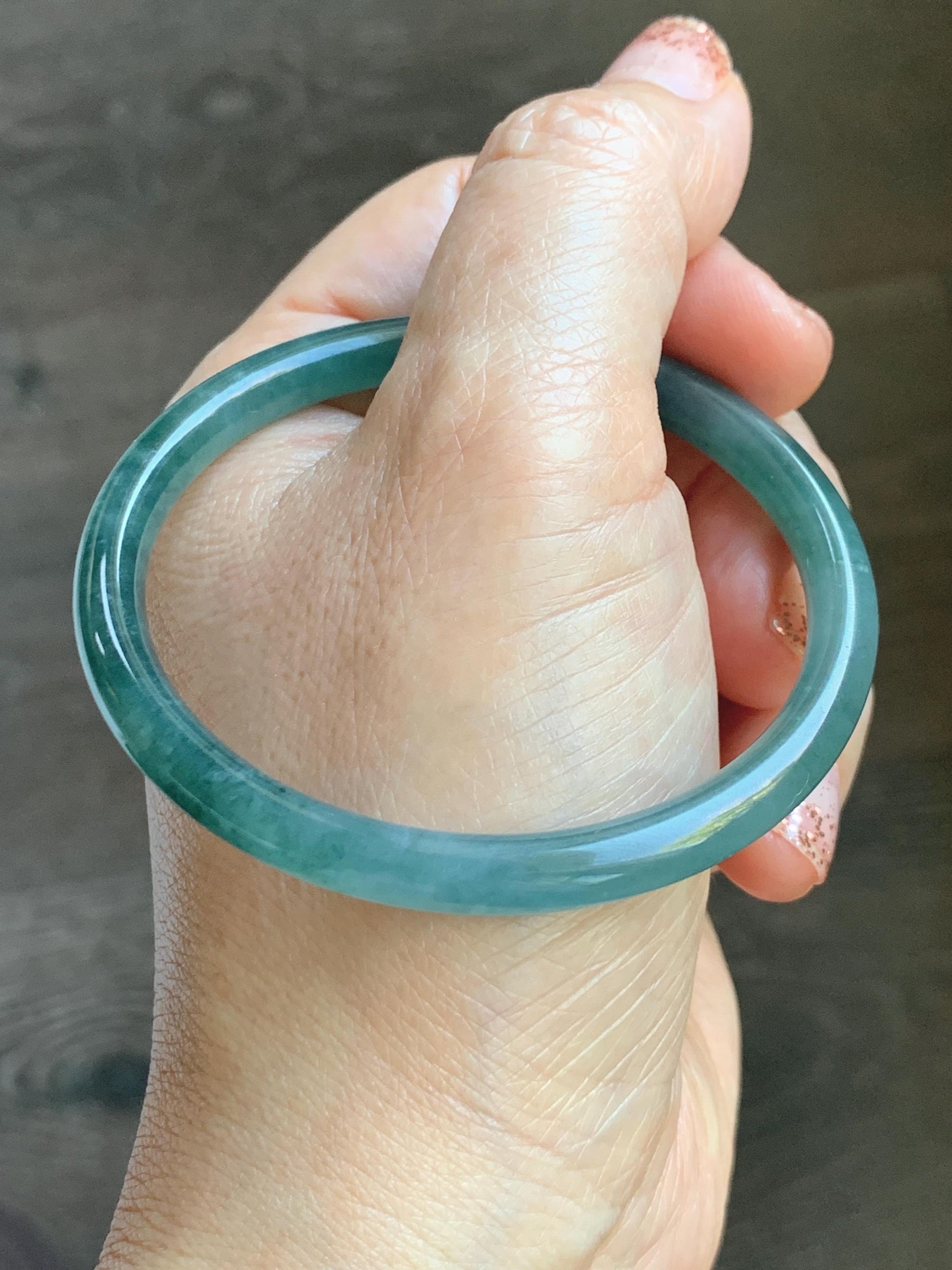 Certified Natural Grade A Guatemalan Icy Translucent Dusty Teal Blue Jade Jadeite Slim Bangle Bracelet 54.93mm 6.79” 天然冰危晴蓝翡翠细圆条手镯 477