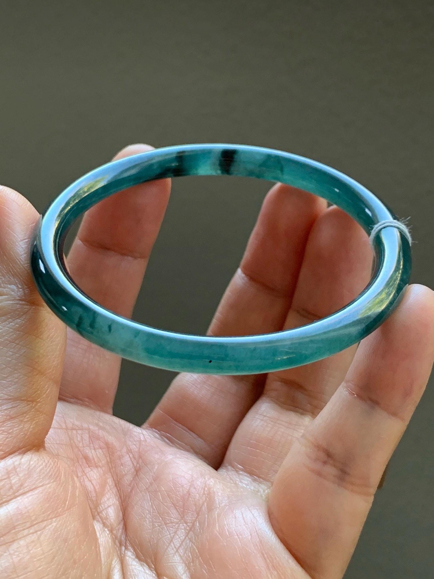 Certified Natural Grade A Guatemalan Icy Translucent Intense Teal Green Jade Jadeite Bangle Bracelet 55.7mm 6.88” 19g 天然冰危深蓝绿翡翠细圆条手镯 468