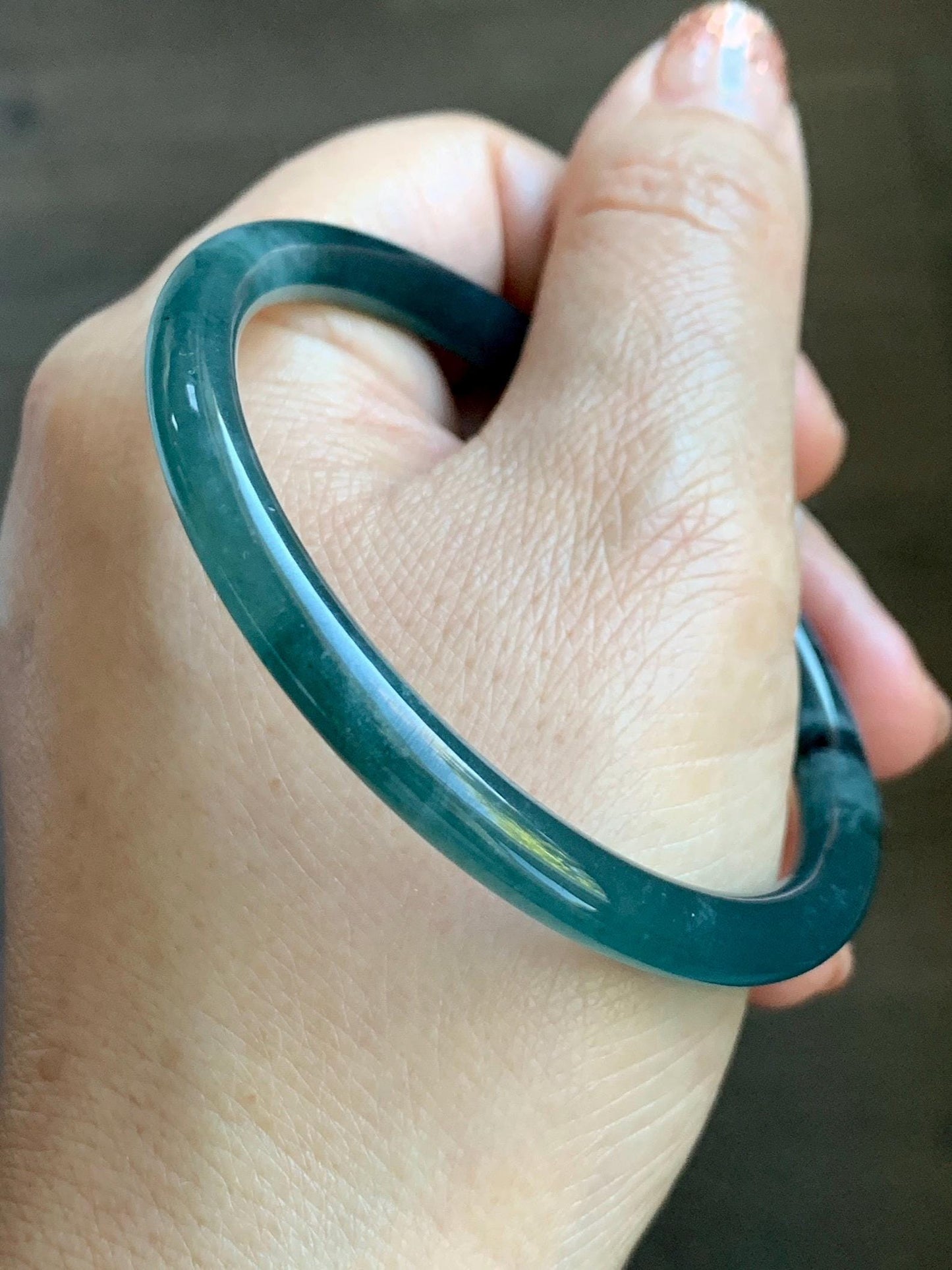 Certified Natural Grade A Guatemalan Icy Translucent Intense Teal Green Jade Jadeite Bangle Bracelet 55.7mm 6.88” 19g 天然冰危深蓝绿翡翠细圆条手镯 468