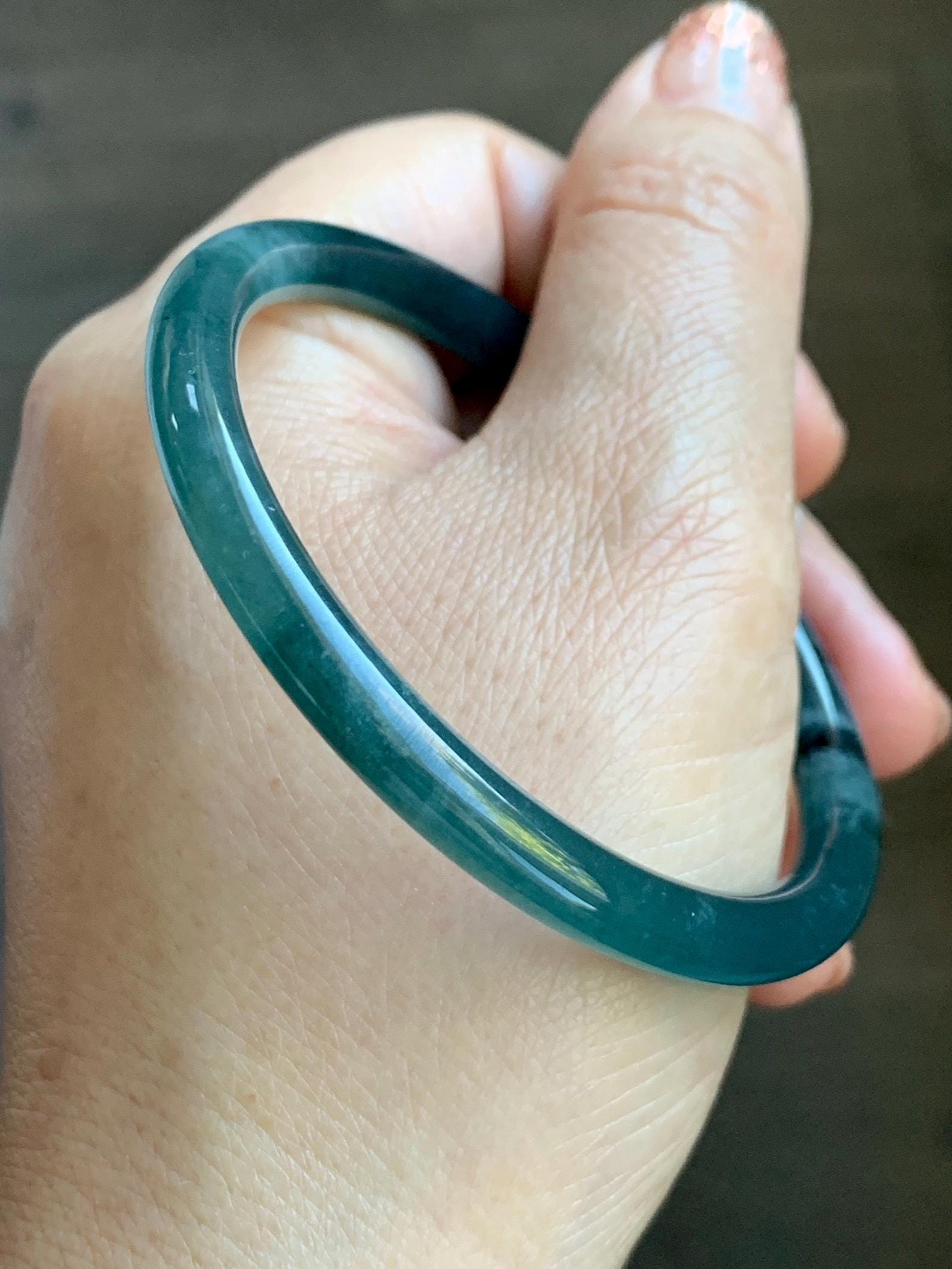 Certified Natural Grade A Guatemalan Icy Translucent Intense Teal Green Jade Jadeite Bangle Bracelet 55.7mm 6.88” 19g 天然冰危深蓝绿翡翠细圆条手镯 468