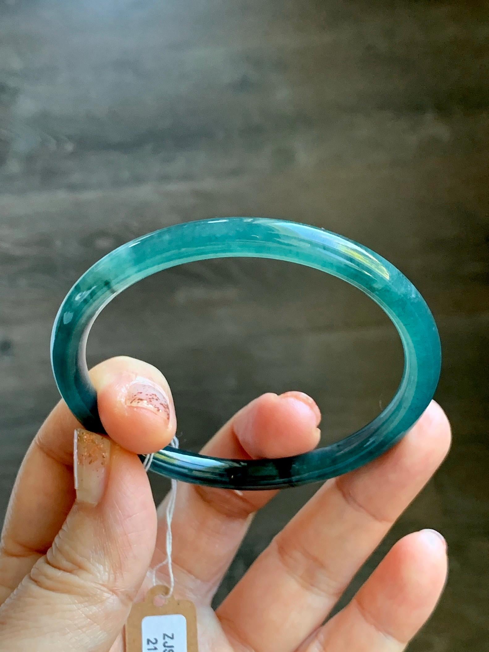 Certified Natural Grade A Guatemalan Icy Translucent Intense Teal Green Jade Jadeite Bangle Bracelet 55.7mm 6.88” 19g 天然冰危深蓝绿翡翠细圆条手镯 468
