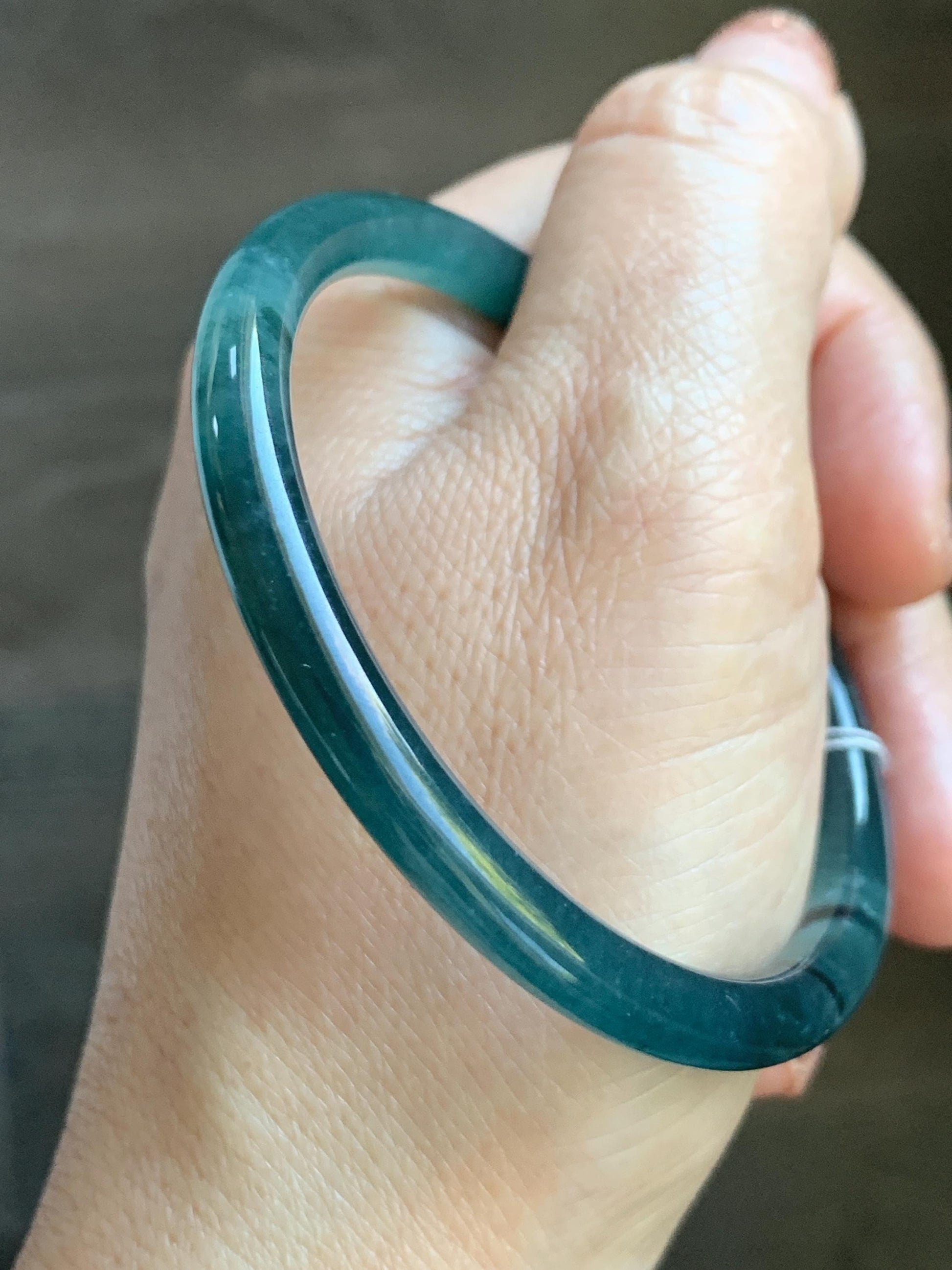 Certified Natural Grade A Guatemalan Icy Translucent Intense Teal Green Jade Jadeite Bangle Bracelet 55.7mm 6.88” 19g 天然冰危深蓝绿翡翠细圆条手镯 468
