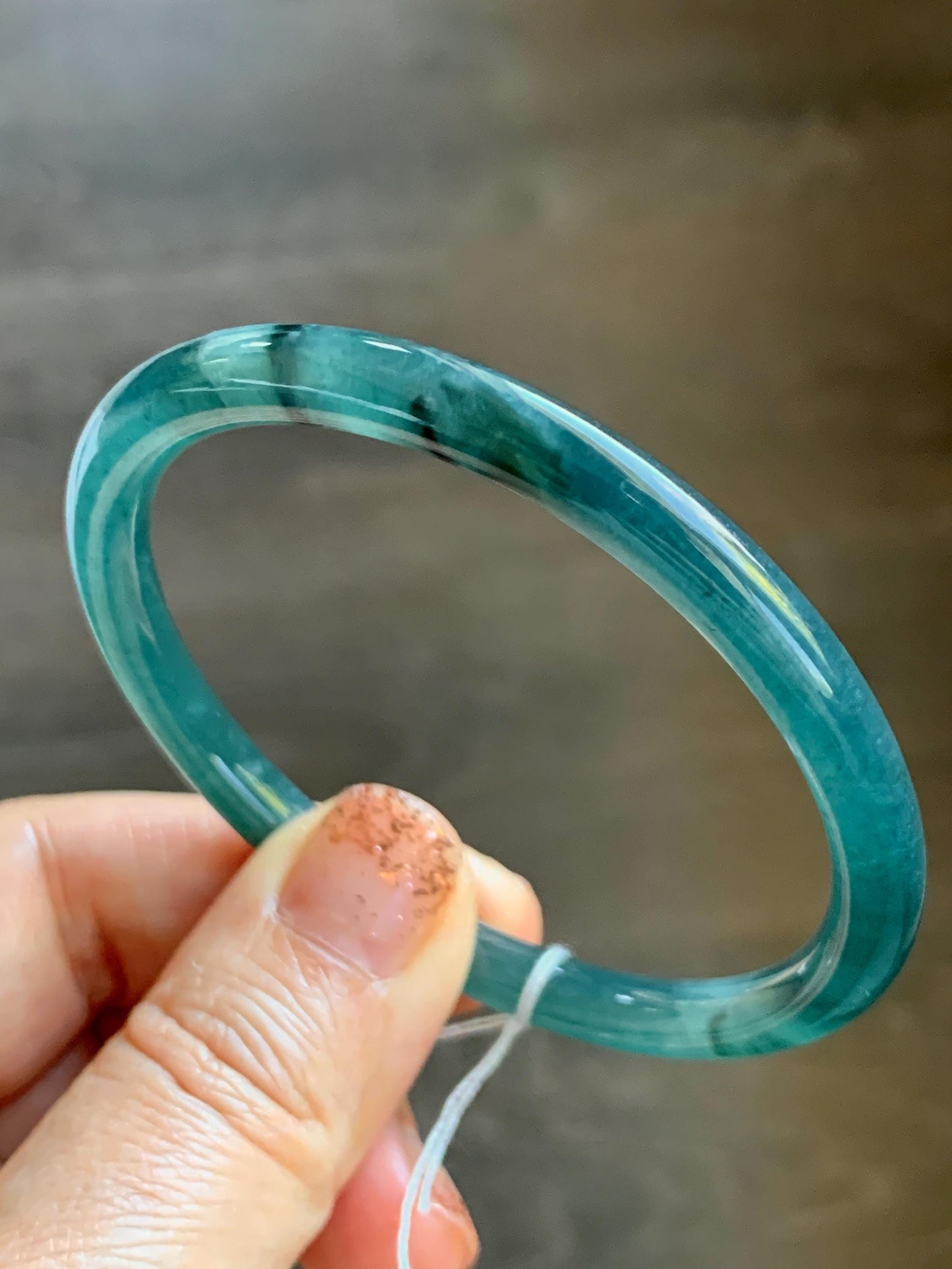 Certified Natural Grade A Guatemalan Icy Translucent Intense Teal Green Jade Jadeite Bangle Bracelet 55.7mm 6.88” 19g 天然冰危深蓝绿翡翠细圆条手镯 468