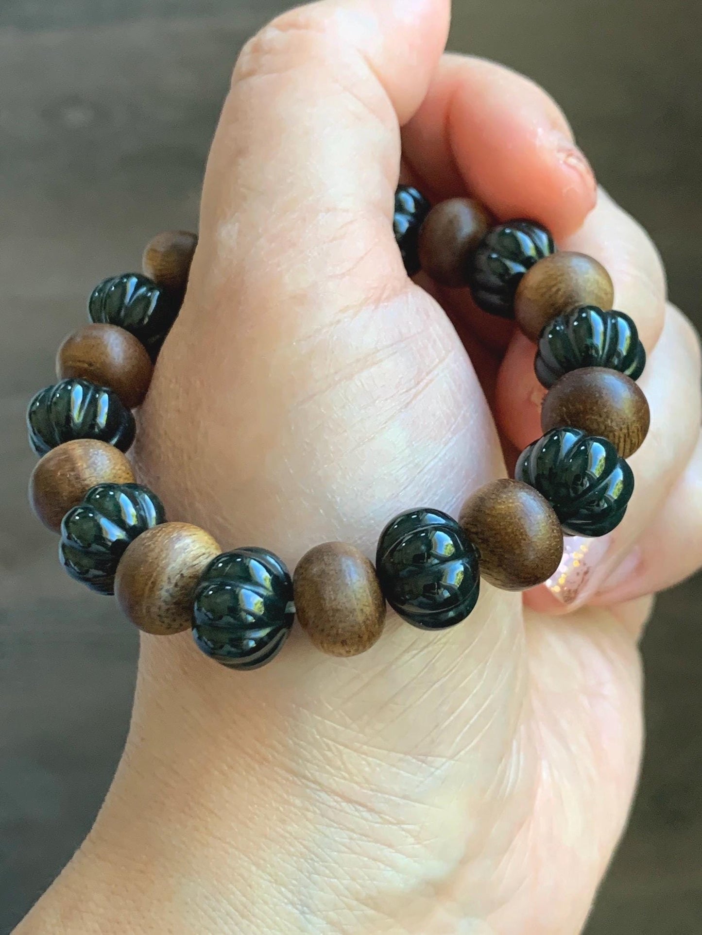 Natural Grade A Guatemalan Icy Translucent Dark Teal Blue Jade Jadeite Pumpkin Beads & Wood Beads Beaded Bracelet 6.5" 天然冰危深蓝翡翠南瓜珠木珠手串NGZ