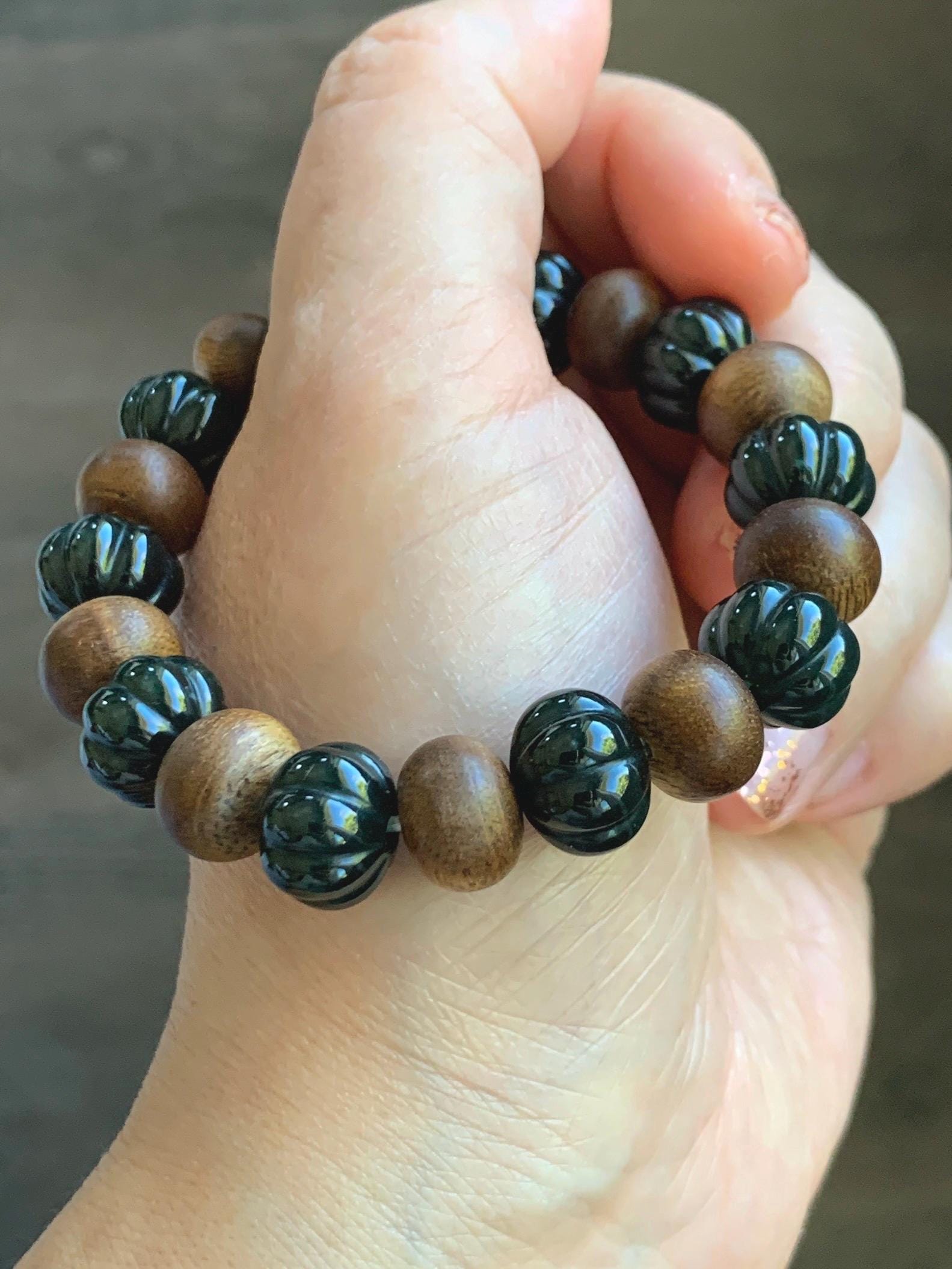 Natural Grade A Guatemalan Icy Translucent Dark Teal Blue Jade Jadeite Pumpkin Beads & Wood Beads Beaded Bracelet 6.5" 天然冰危深蓝翡翠南瓜珠木珠手串NGZ