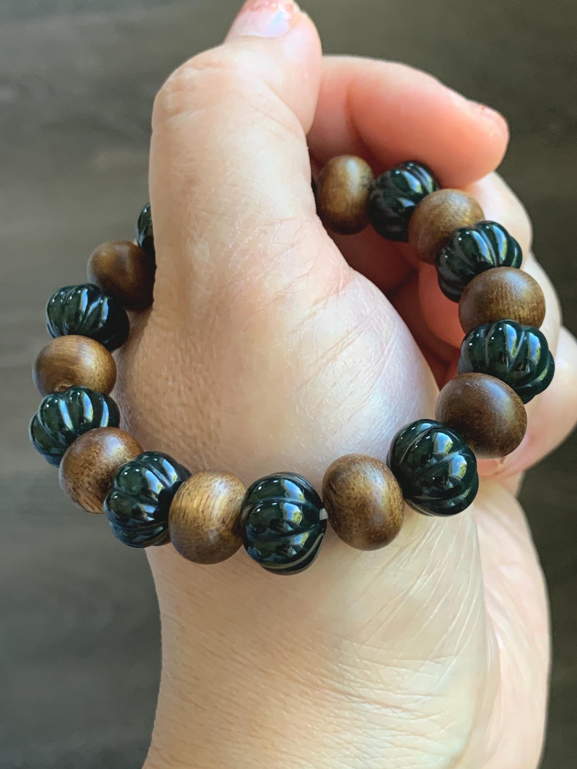 Natural Grade A Guatemalan Icy Translucent Dark Teal Blue Jade Jadeite Pumpkin Beads & Wood Beads Beaded Bracelet 6.5" 天然冰危深蓝翡翠南瓜珠木珠手串NGZ