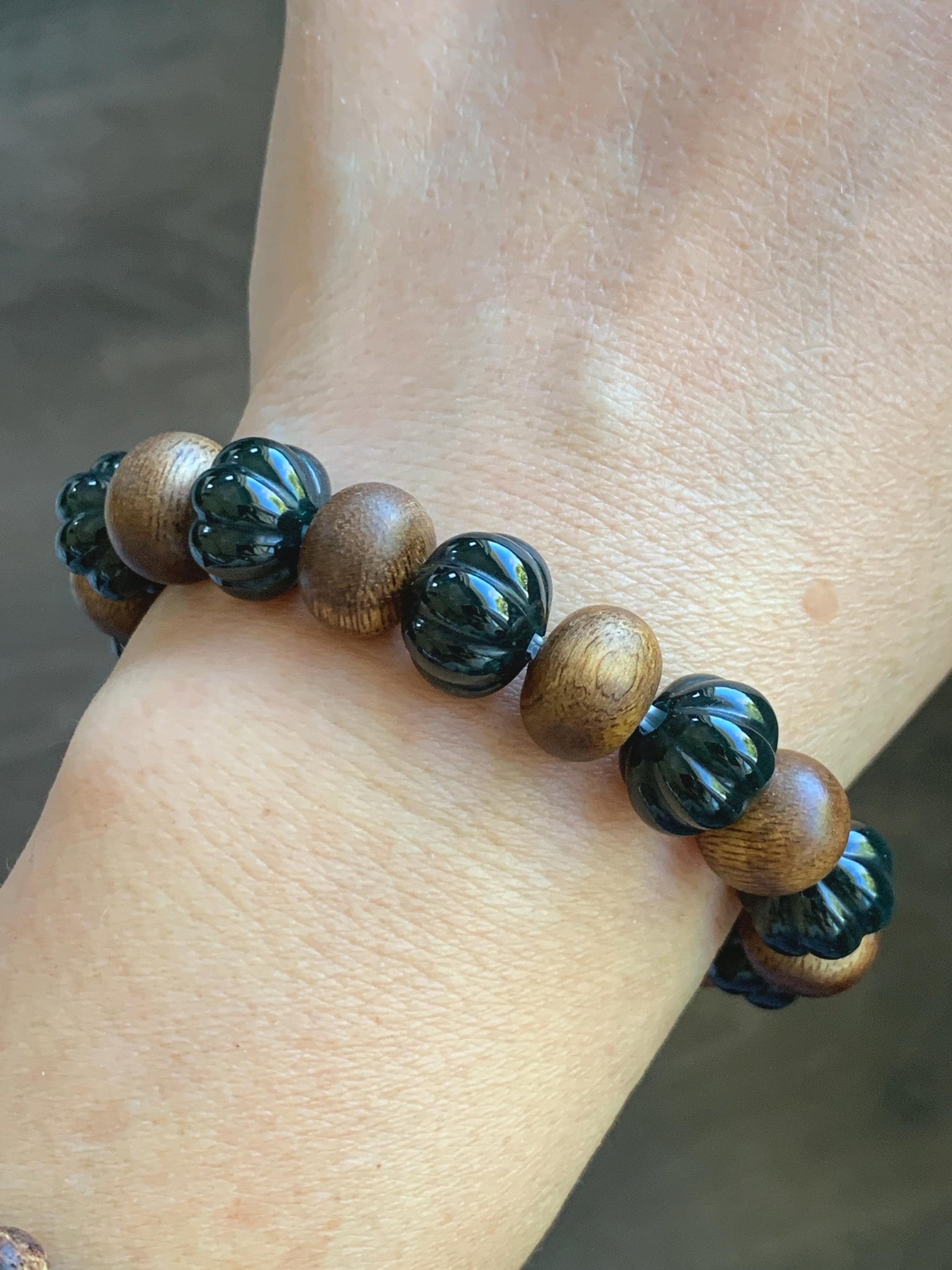 Natural Grade A Guatemalan Icy Translucent Dark Teal Blue Jade Jadeite Pumpkin Beads & Wood Beads Beaded Bracelet 6.5" 天然冰危深蓝翡翠南瓜珠木珠手串NGZ