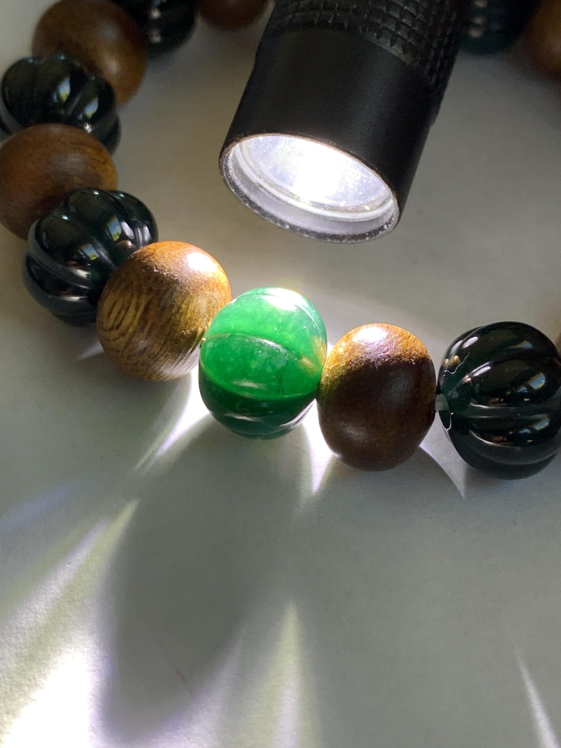 Natural Grade A Guatemalan Icy Translucent Dark Teal Blue Jade Jadeite Pumpkin Beads & Wood Beads Beaded Bracelet 6.5" 天然冰危深蓝翡翠南瓜珠木珠手串NGZ