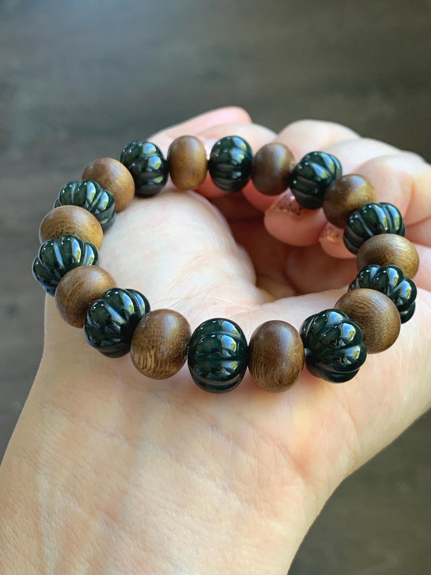 Natural Grade A Guatemalan Icy Translucent Dark Teal Blue Jade Jadeite Pumpkin Beads & Wood Beads Beaded Bracelet 6.5" 天然冰危深蓝翡翠南瓜珠木珠手串NGZ