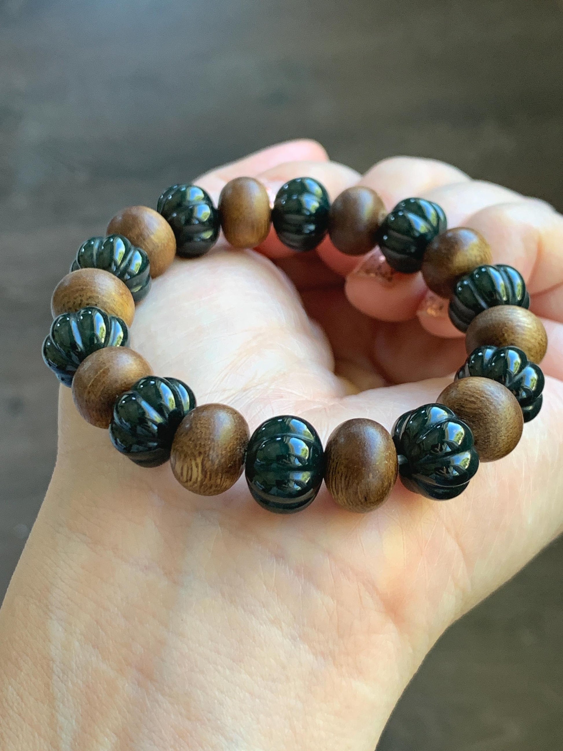 Natural Grade A Guatemalan Icy Translucent Dark Teal Blue Jade Jadeite Pumpkin Beads & Wood Beads Beaded Bracelet 6.5" 天然冰危深蓝翡翠南瓜珠木珠手串NGZ
