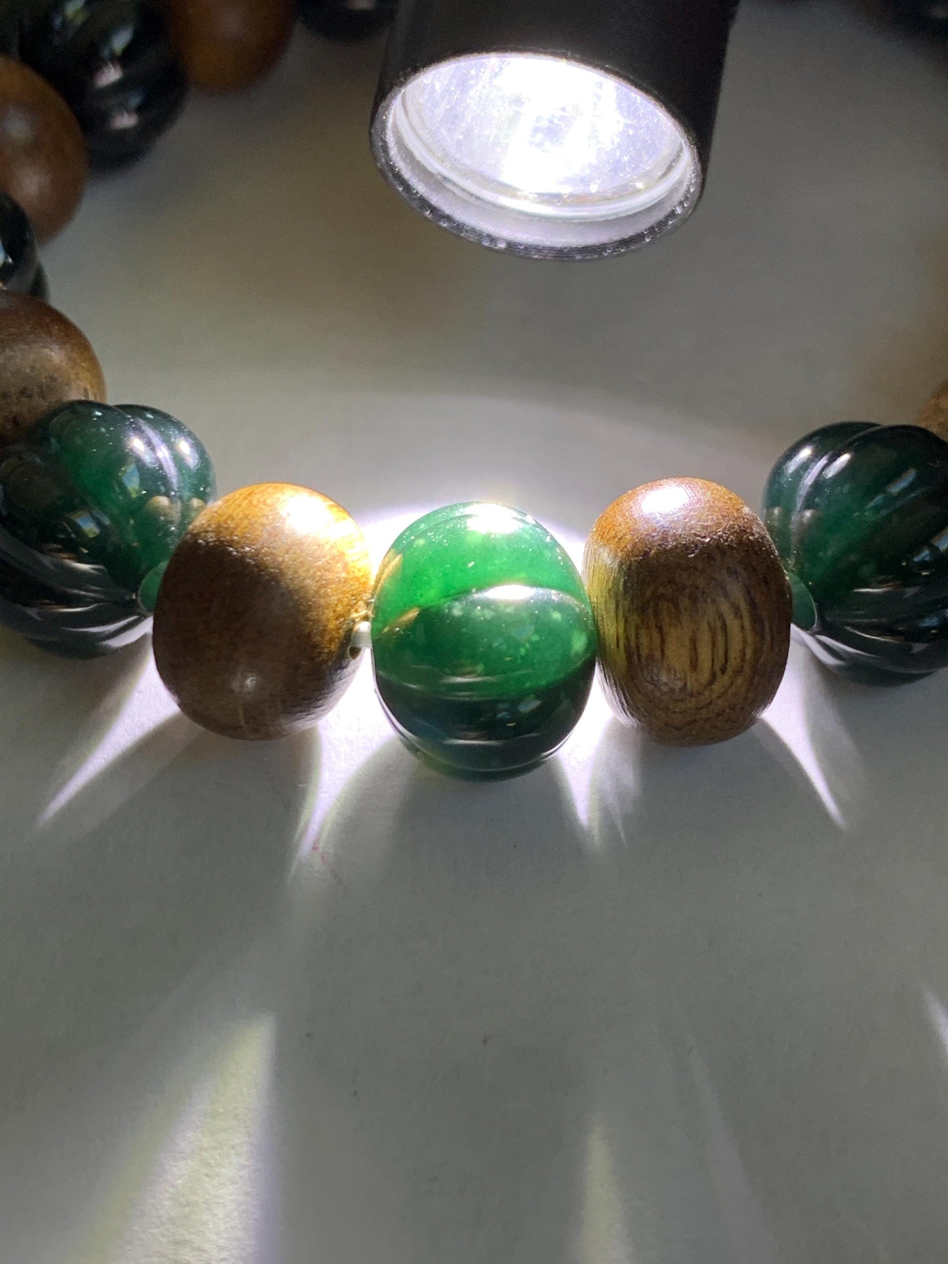 Natural Grade A Guatemalan Icy Translucent Dark Teal Blue Jade Jadeite Pumpkin Beads & Wood Beads Beaded Bracelet 6.5" 天然冰危深蓝翡翠南瓜珠木珠手串NGZ