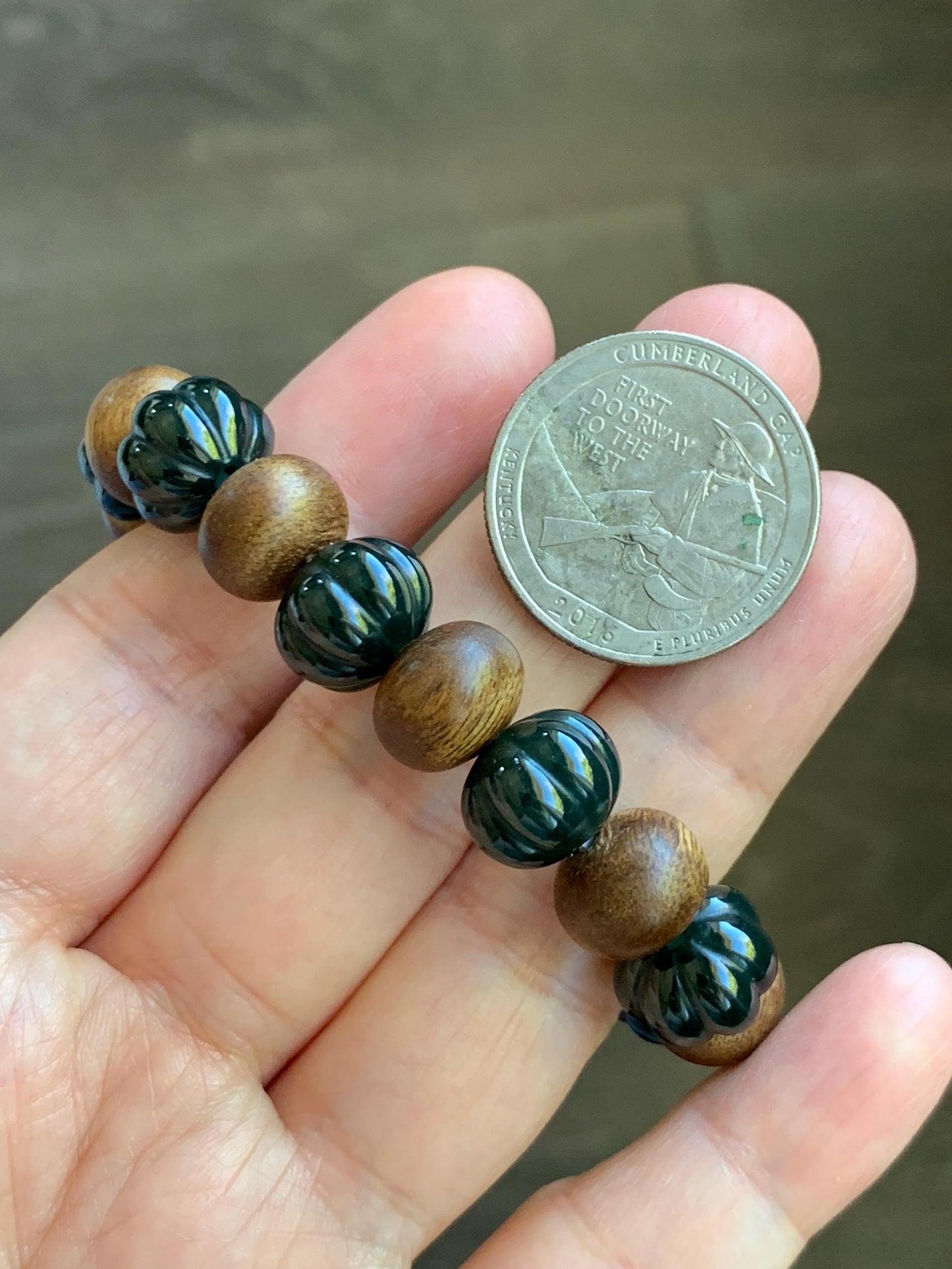Natural Grade A Guatemalan Icy Translucent Dark Teal Blue Jade Jadeite Pumpkin Beads & Wood Beads Beaded Bracelet 6.5" 天然冰危深蓝翡翠南瓜珠木珠手串NGZ
