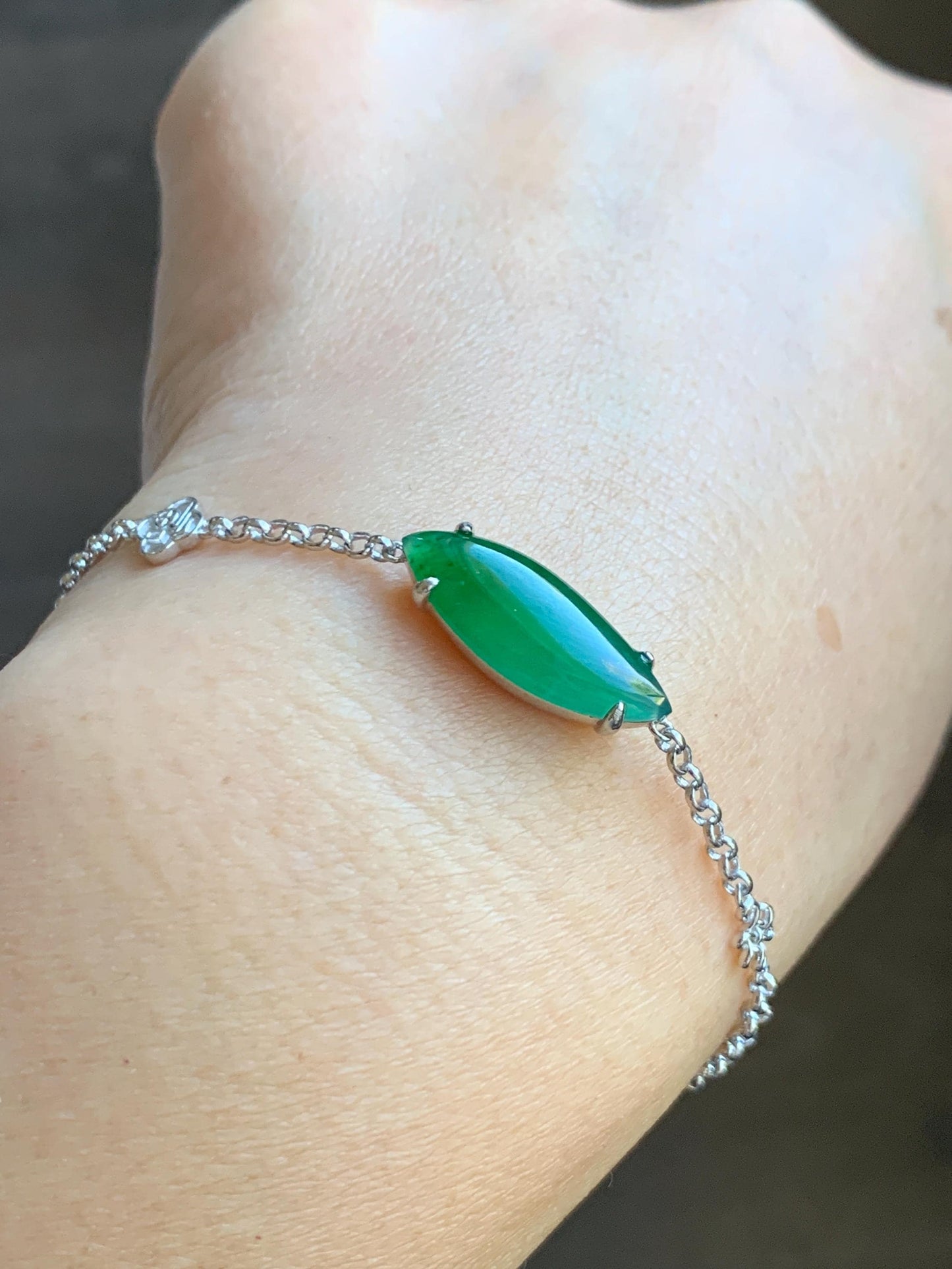 Certified Natural Grade A Guatemalan Icy Translucent Vibrant Green Horse Eye Jade Jadeite Bracelet Sterling Silver 6.25”-7.5” 天然冰危绿翡翠马眼手链164
