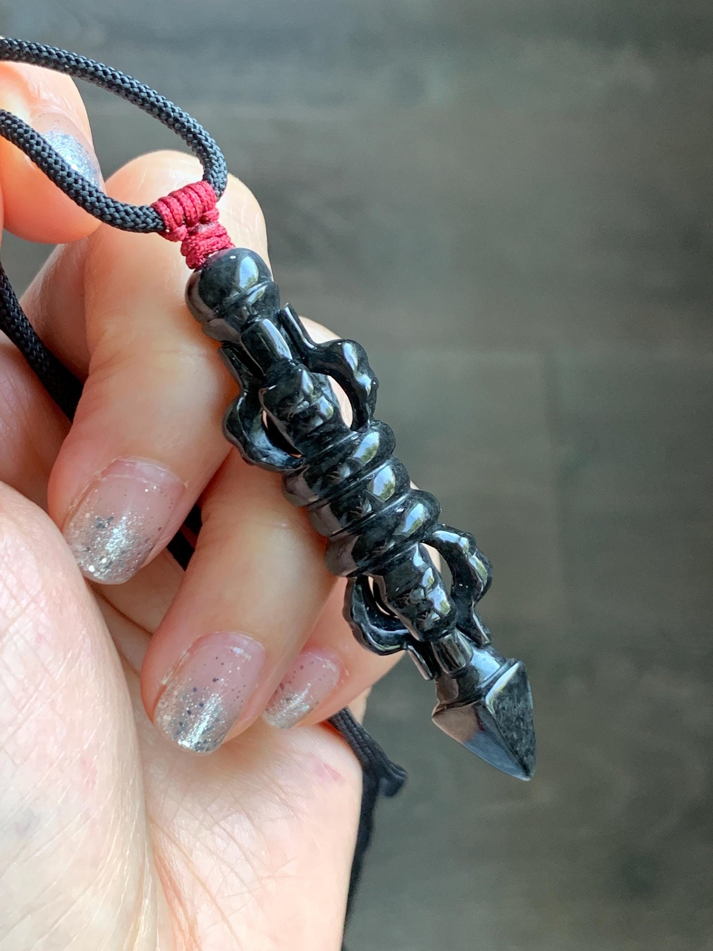 Natural Grade A Opaque Black Jade Jadeite Carved Vajra Pendant Rope Necklace 28” 14g 天然墨翡降魔杵吊坠项链 MWX200