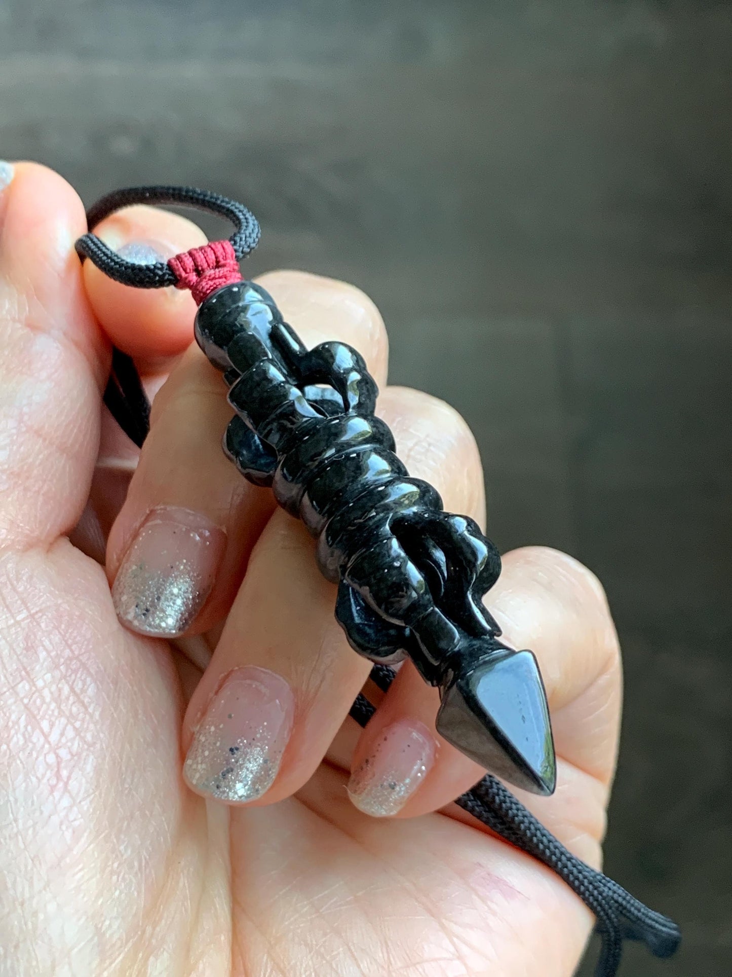 Natural Grade A Opaque Black Jade Jadeite Carved Vajra Pendant Rope Necklace 28” 14g 天然墨翡降魔杵吊坠项链 MWX200